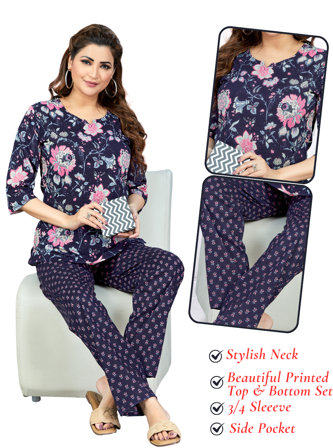 MANGAI Premium Cotton Printed Cambric Night Suits | Stylish Print's All Over | Top & Bottom Set | 3/4 Sleeve | Trendy Night Suits for Stylish Women's (CMNS)