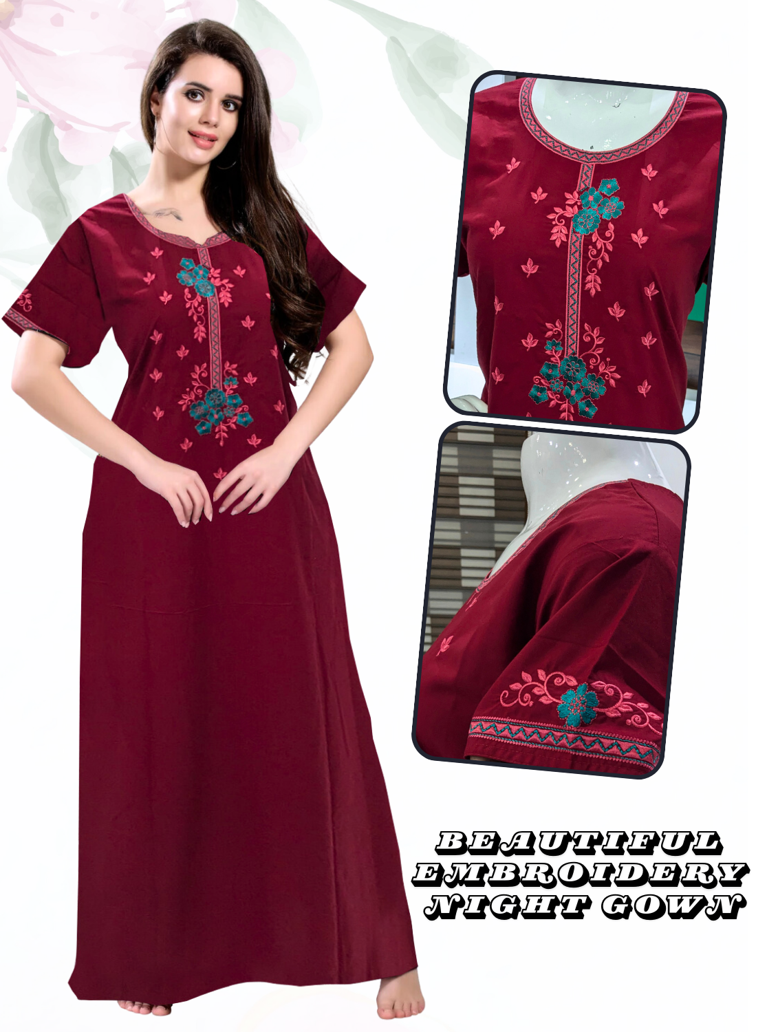 Stylish Embroidery Nightgown | Superior Quality Bizzy - Lizzy Nighty | Plain Pattern with Beautiful Embroidery Work's | Updated Collection's (CPL)