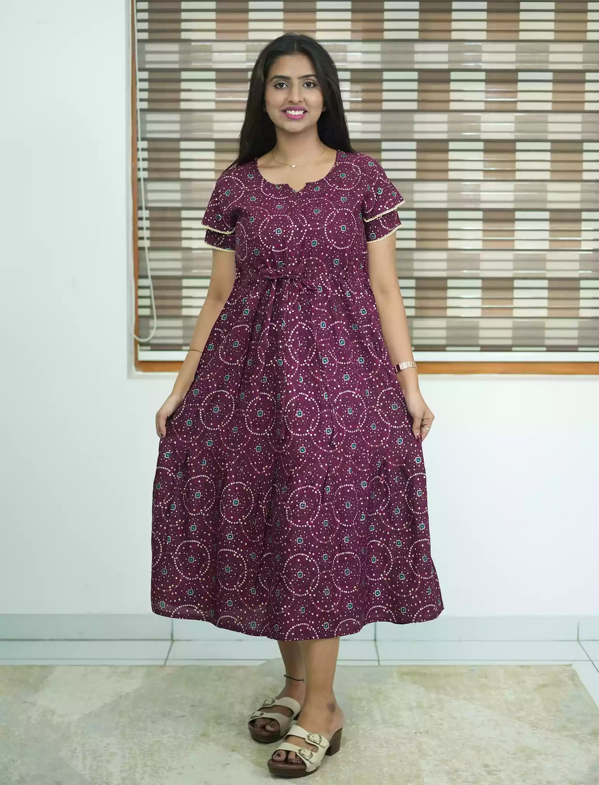 Rayon Circle Print Gathering Maxi with Side Pocket- Mangai Nighties