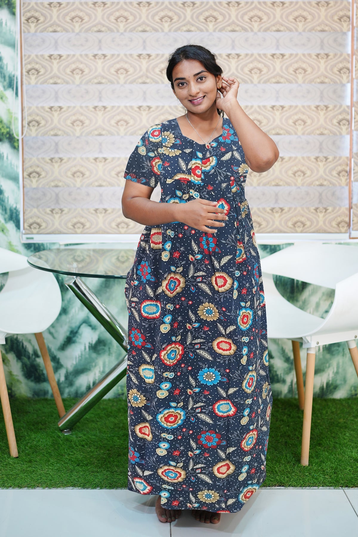 Regular Fit Cotton Printed Pleated Nighties