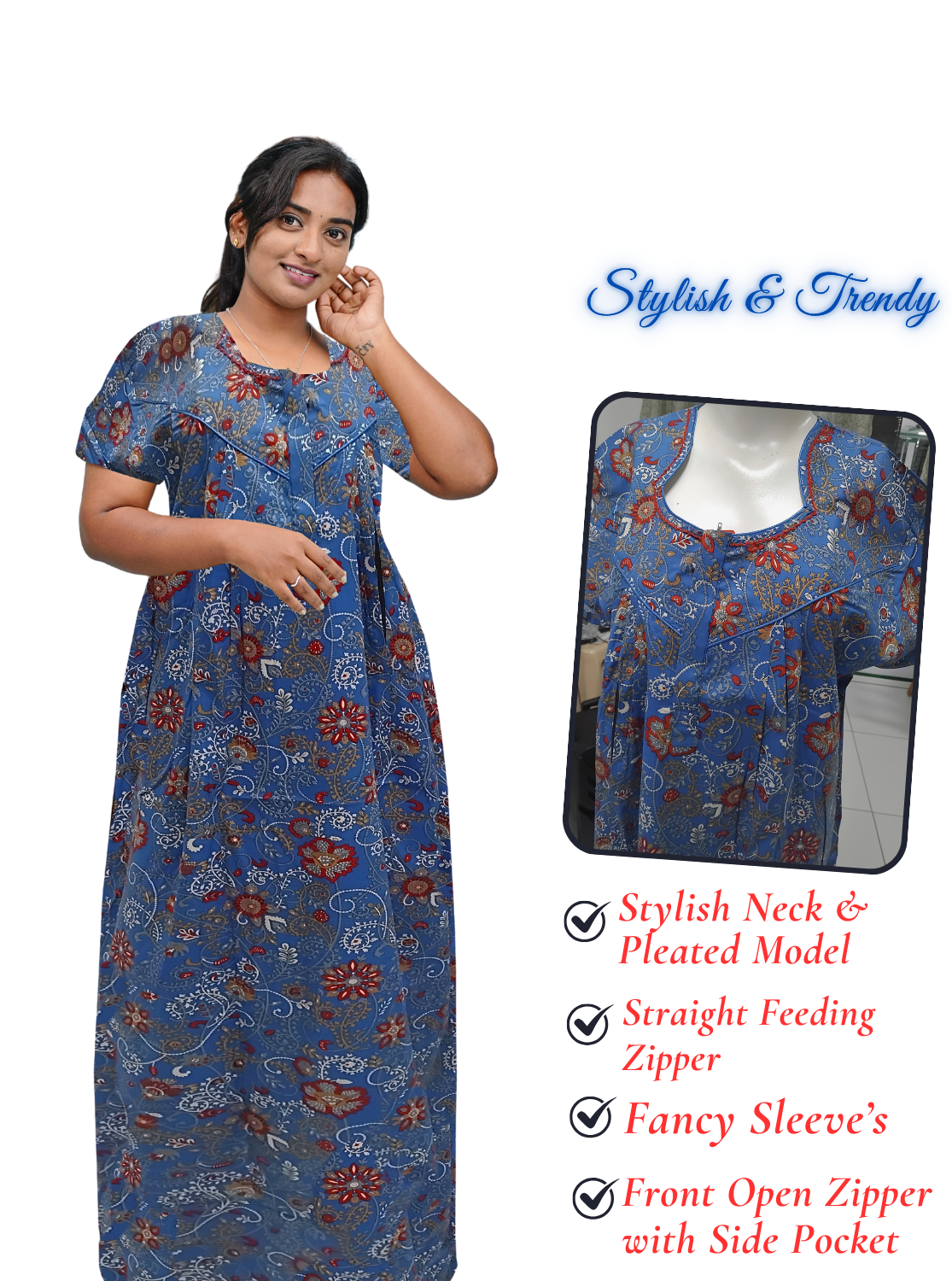 MANGAI Cotton Straight Zip Feeding Nighty |Post Pregnancy | Comfort and Style | Pleated Model | Soft Cotton Feeding Nighties (STF)