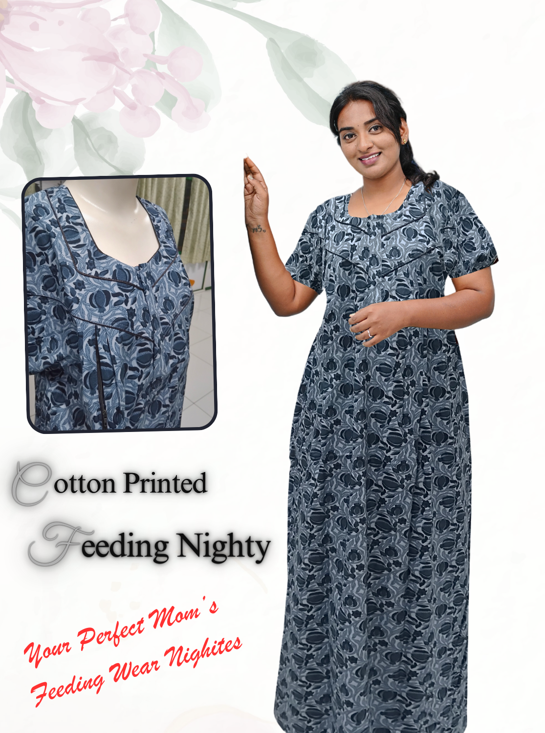 MANGAI Cotton Straight Zip Feeding Nighty |Post Pregnancy | Comfort and Style | Pleated Model | Soft Cotton Feeding Nighties (STF)