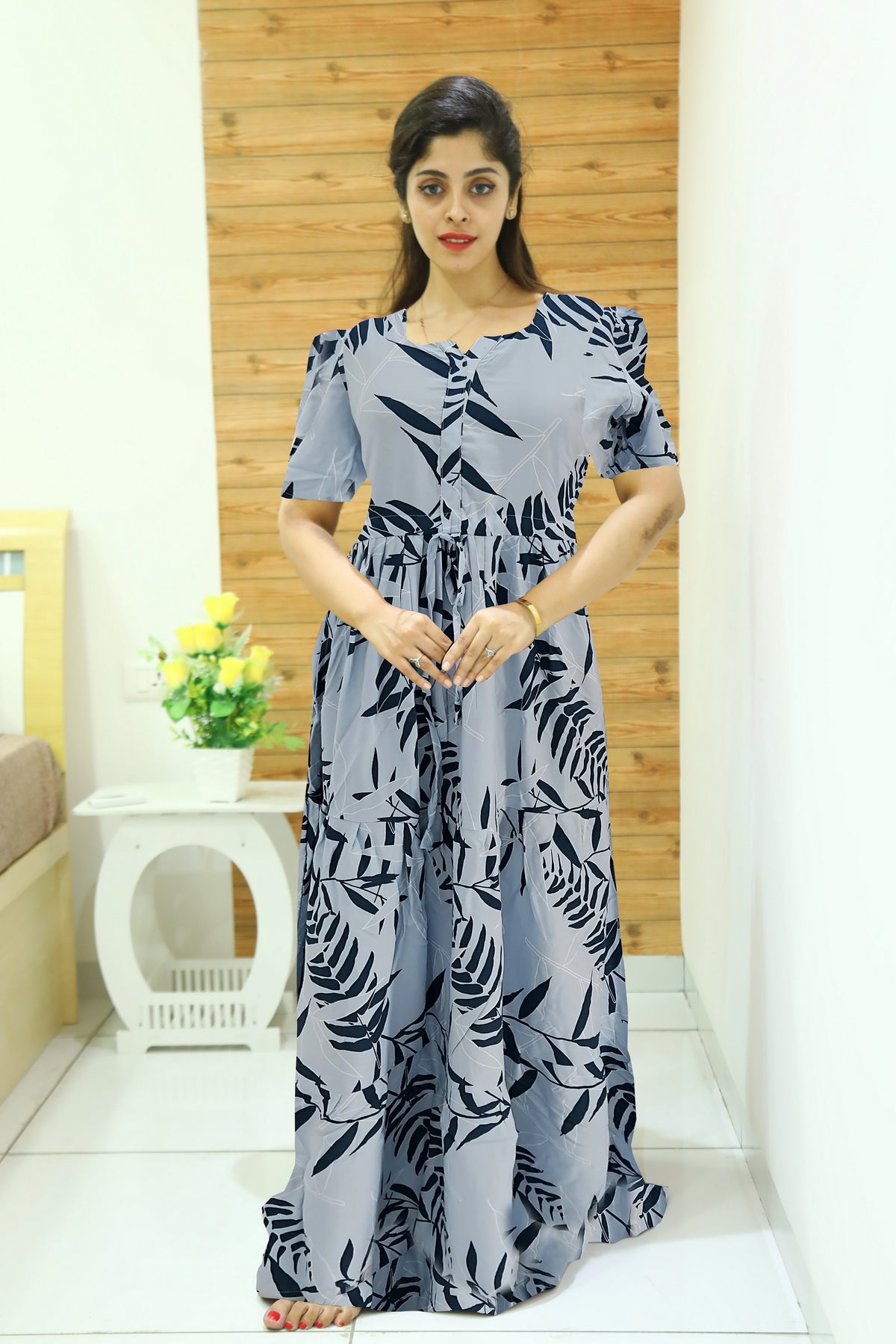 MANGAI Stylish Arrivals Rayon Gathering Frock Model Night Gown's | Adjustable Rope | Front and Back Frock Style | Puff Sleeve | Trending Collection's for Stylish Women's (GFK)