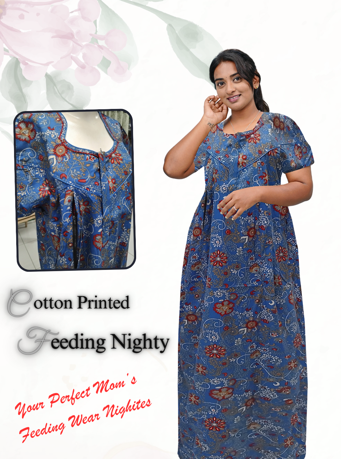 MANGAI Cotton Straight Zip Feeding Nighty |Post Pregnancy | Comfort and Style | Pleated Model | Soft Cotton Feeding Nighties (STF)