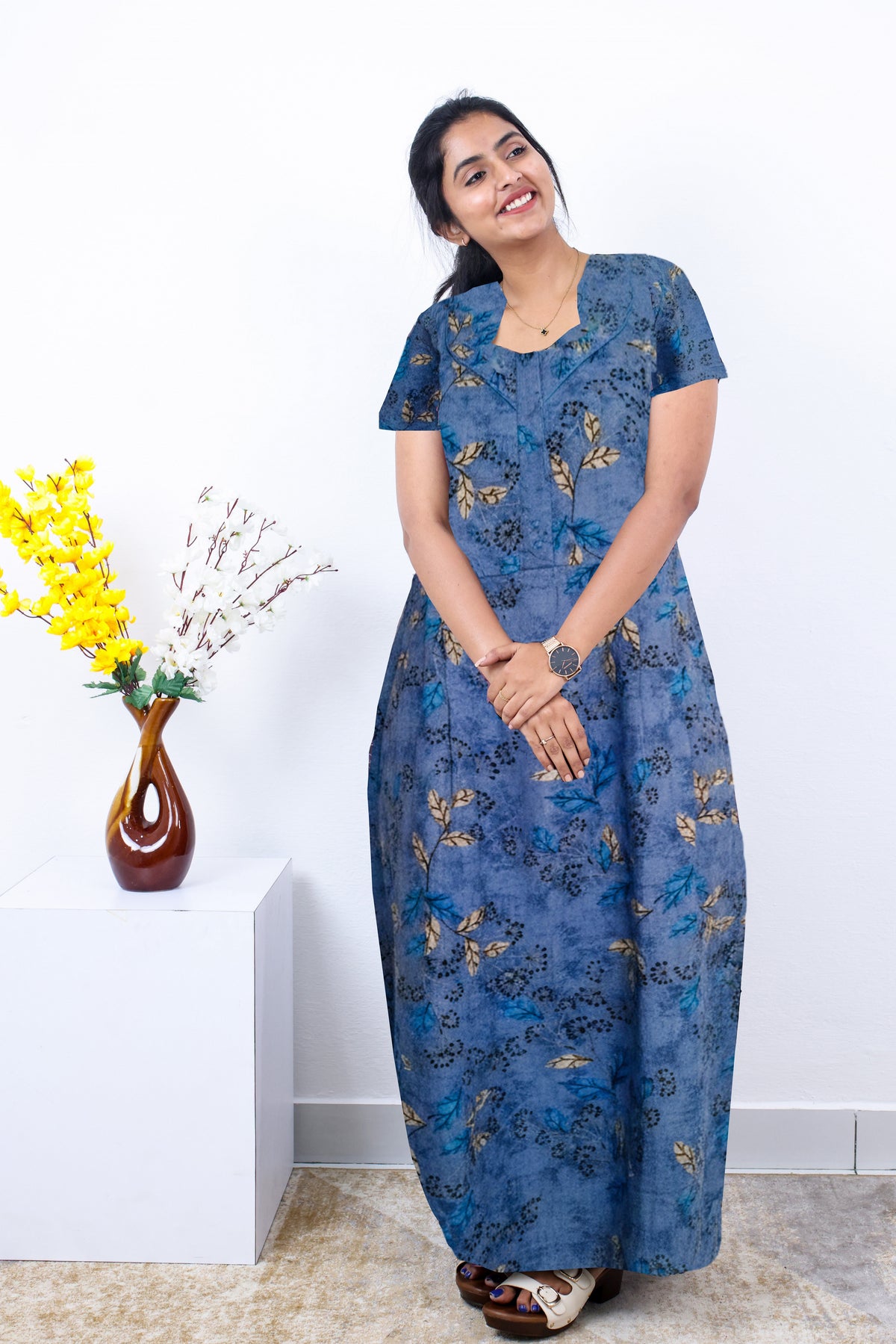 MANGAI Premium Cotton Printed Pleated Model Half Sleeve 5XL Size Nighties - Fancy Neck | With Side Pocket |Shrinkage Free Nighties | Trendy Collection's for Stylish Women's (5PZ)