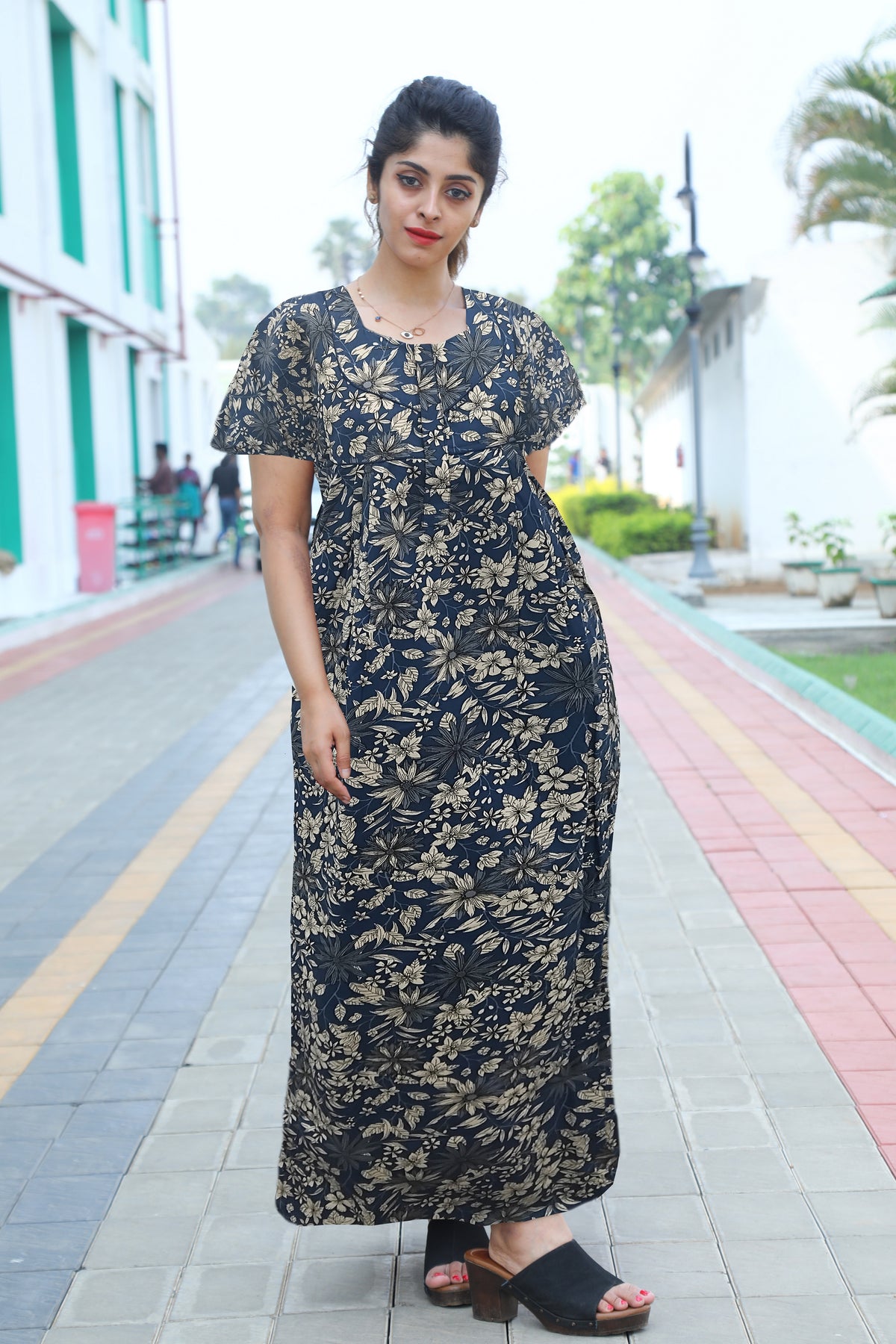 MANGAI Premium Cotton Printed Pleated Model Half Sleeve 3XL Size Nighties - Fancy Neck | With Side Pocket |Shrinkage Free Nighties | Trendy Collection's for Stylish Women's (3XL-SBS)