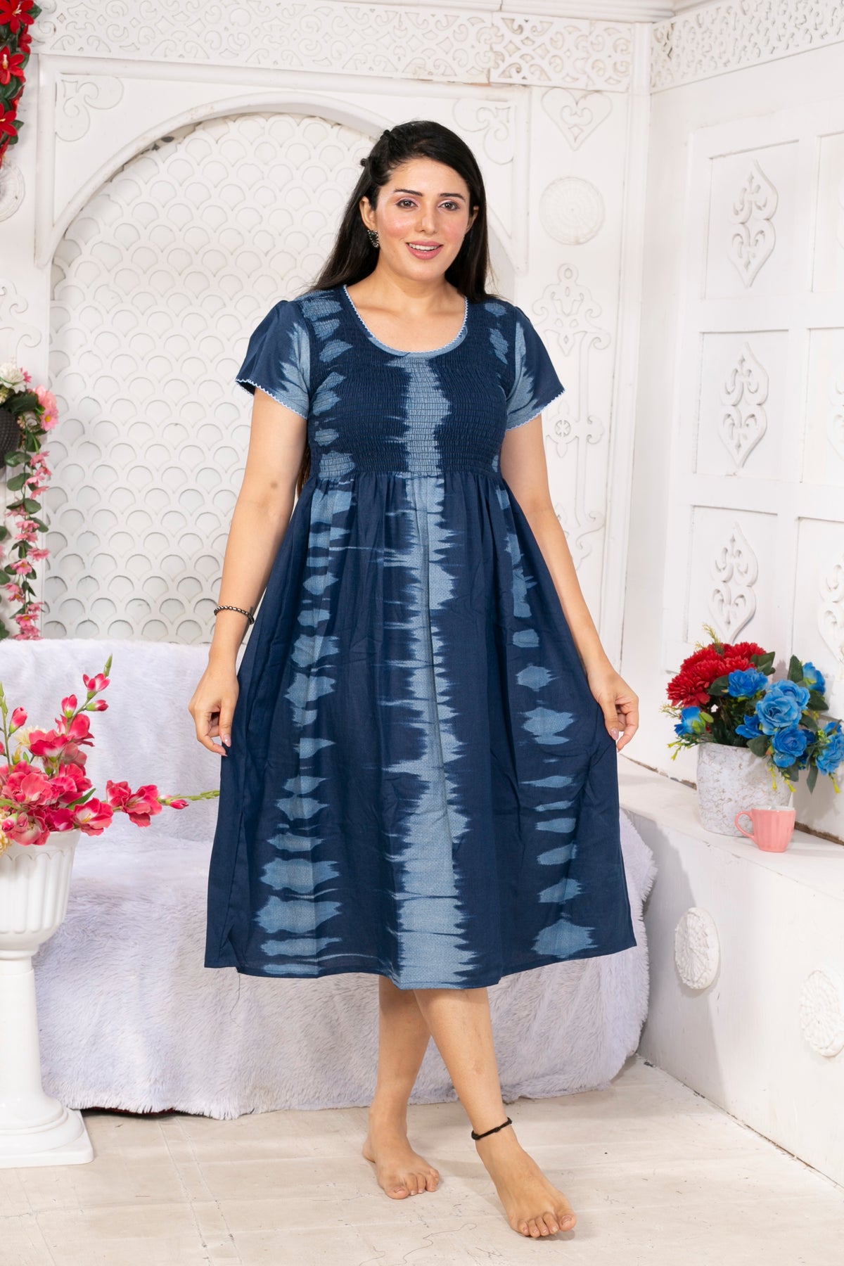 Alpine Smocking Maxi Frock Model Nightgown for Trendy Women's & Teenage Girl's | Stretchable Comfort to Body Fit | Side Pocket & Stylish Round Neck MAXI Gown for Women's Teenage Girl's (ASM)