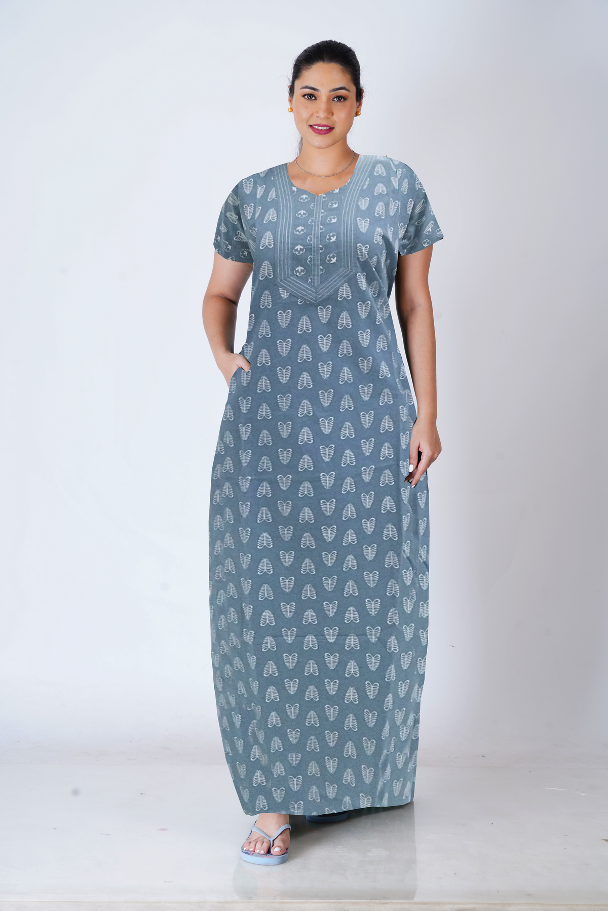 MANGAI New Collection Premium Cotton Embroidery Printed Nighties- All Over Printed Stylish Nightwear for Stylish Women | Trendy Embroidery Neck | Pleated Model (HMS)