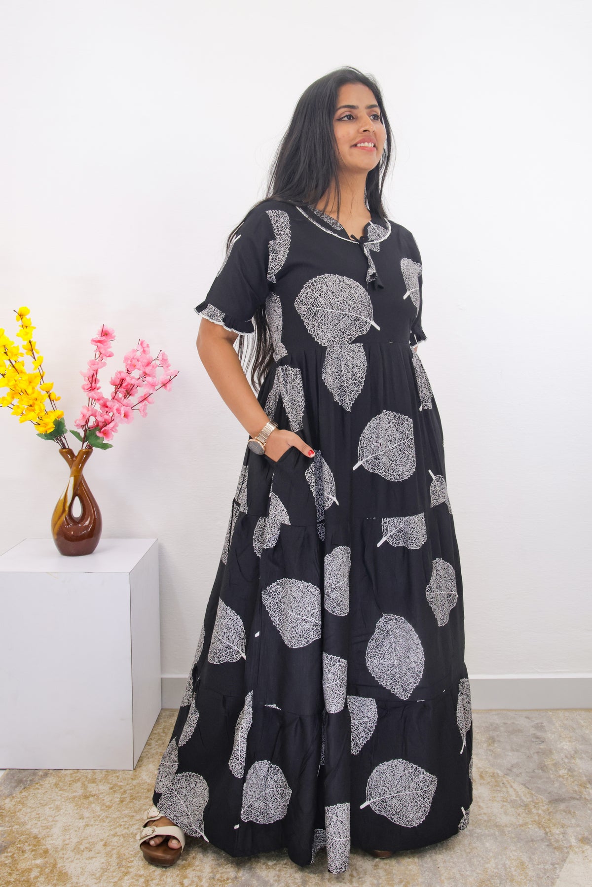 Mangai 3 Layer Frock Model Nighties Soft and Smooth Premium Quality Rayon Material , Fancy Frilled Sleeve, Side Pocket , Back tie Rope , Stylish Collection's for Trendy Women's (MRK)