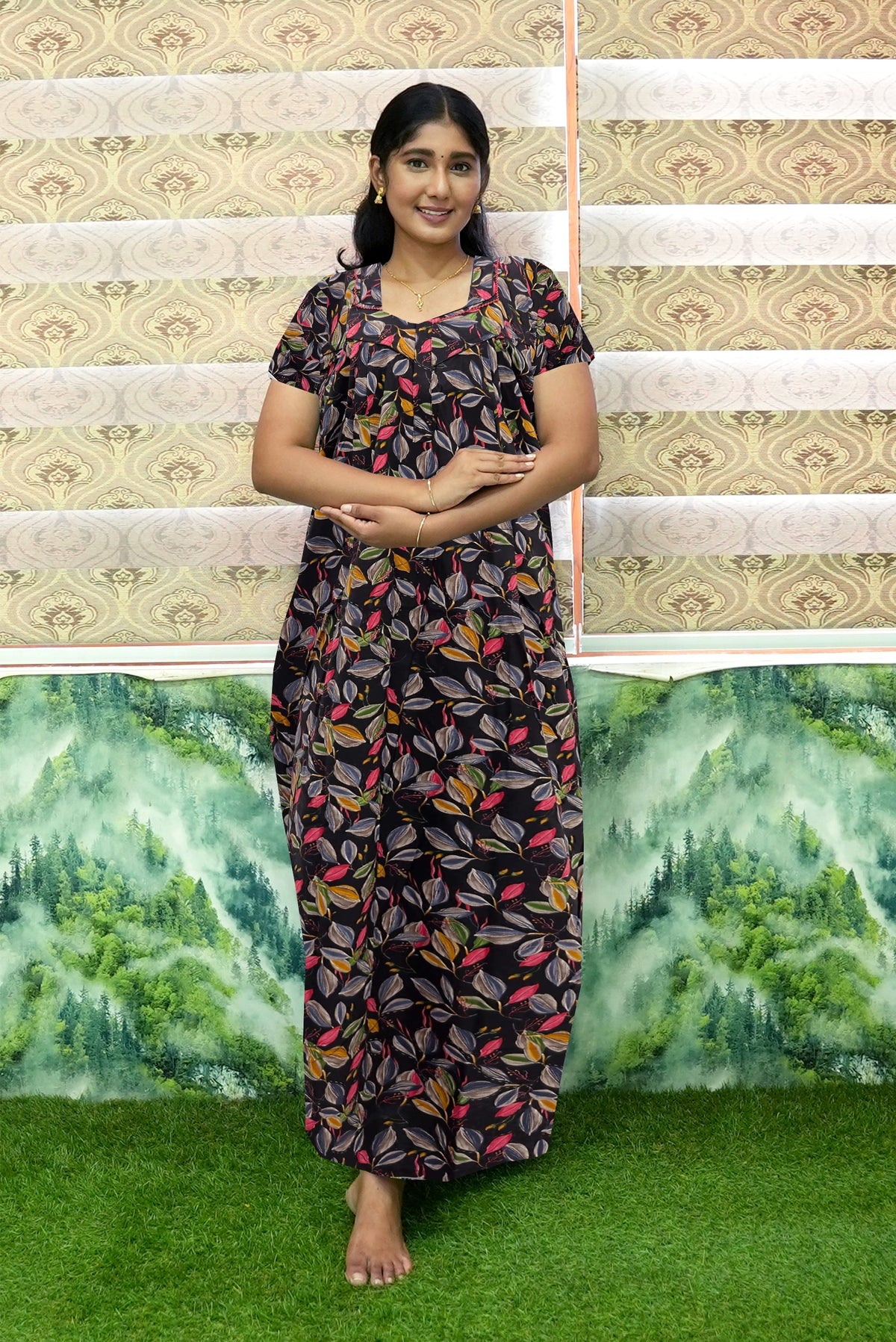 MANGAI Premium Cotton Printed Pleated Model Half Sleeve 5XL Size Nighties - Fancy Neck | With Side Pocket |Shrinkage Free Nighties | Trendy Collection's for Stylish Women's (5PZ)