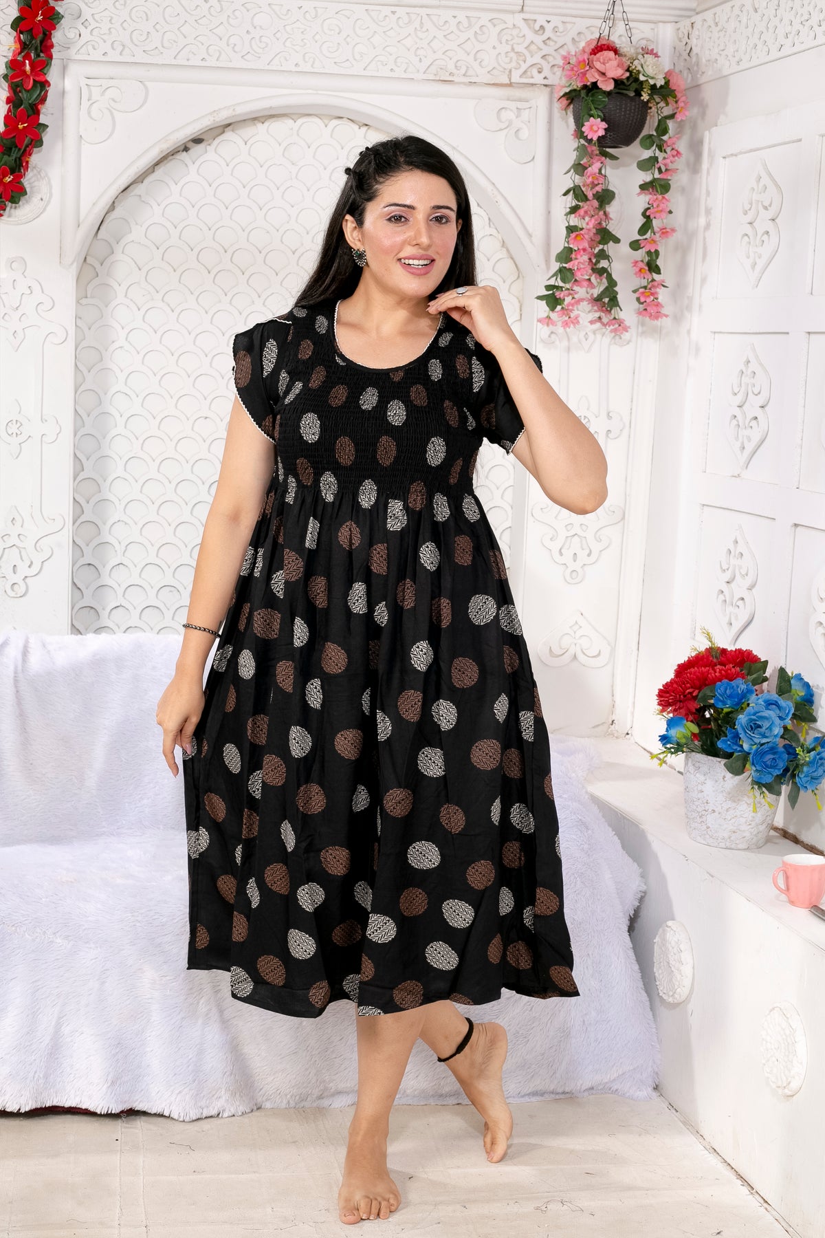 Alpine Smocking Maxi Frock Model Nightgown for Trendy Women's & Teenage Girl's | Stretchable Comfort to Body Fit | Side Pocket & Stylish Round Neck MAXI Gown for Women's Teenage Girl's (ASM)