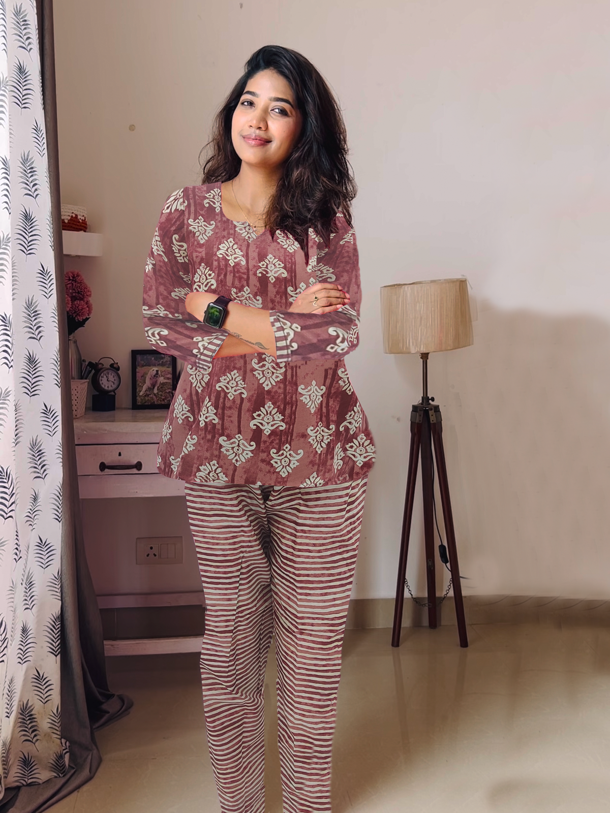 MANGAI Premium Cotton Printed Cambric Night Suits | Stylish Print's All Over | Top & Bottom Set | 3/4 Sleeve | Trendy Night Suits for Stylish Women's (MNS)