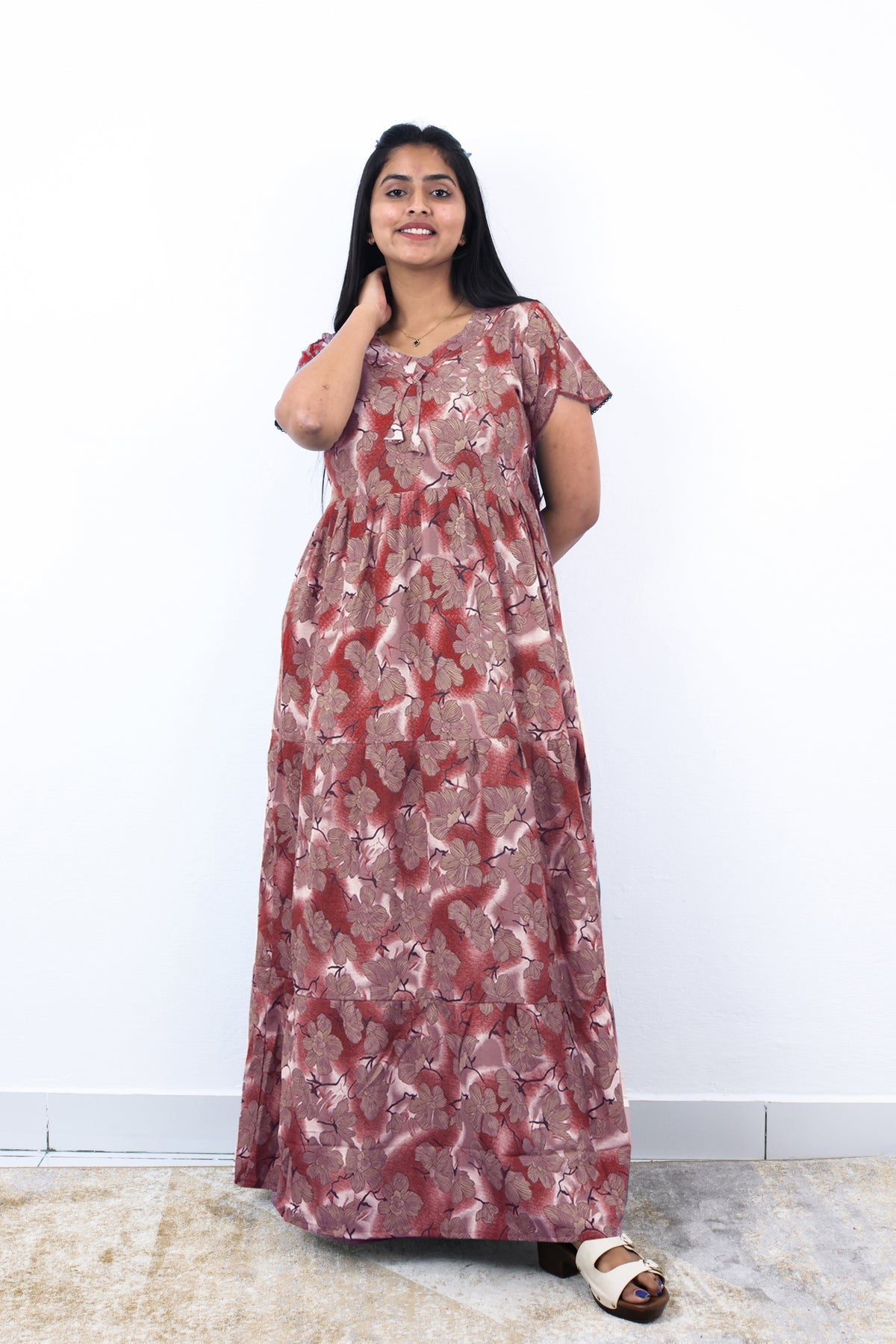 Stylish Alpine 3 Layer Frock Model Nighties| Fancy Sleeves & Neck Pattern| Side Pocket with Back Tie Rope | Perfect Nightwear Trendy Women's (AFK)