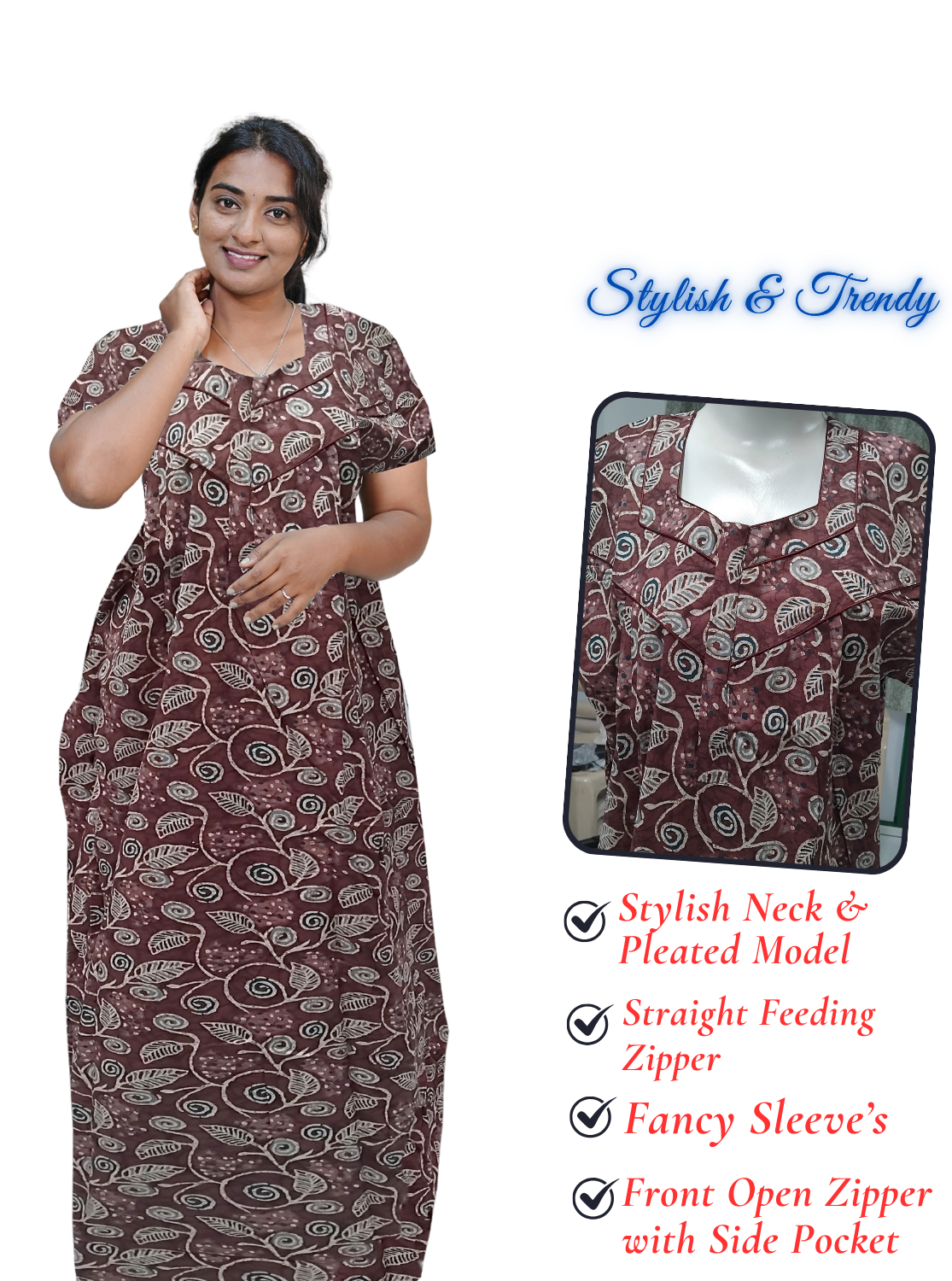 MANGAI Cotton Straight Zip Feeding Nighty |Post Pregnancy | Comfort and Style | Pleated Model | Soft Cotton Feeding Nighties (STF)