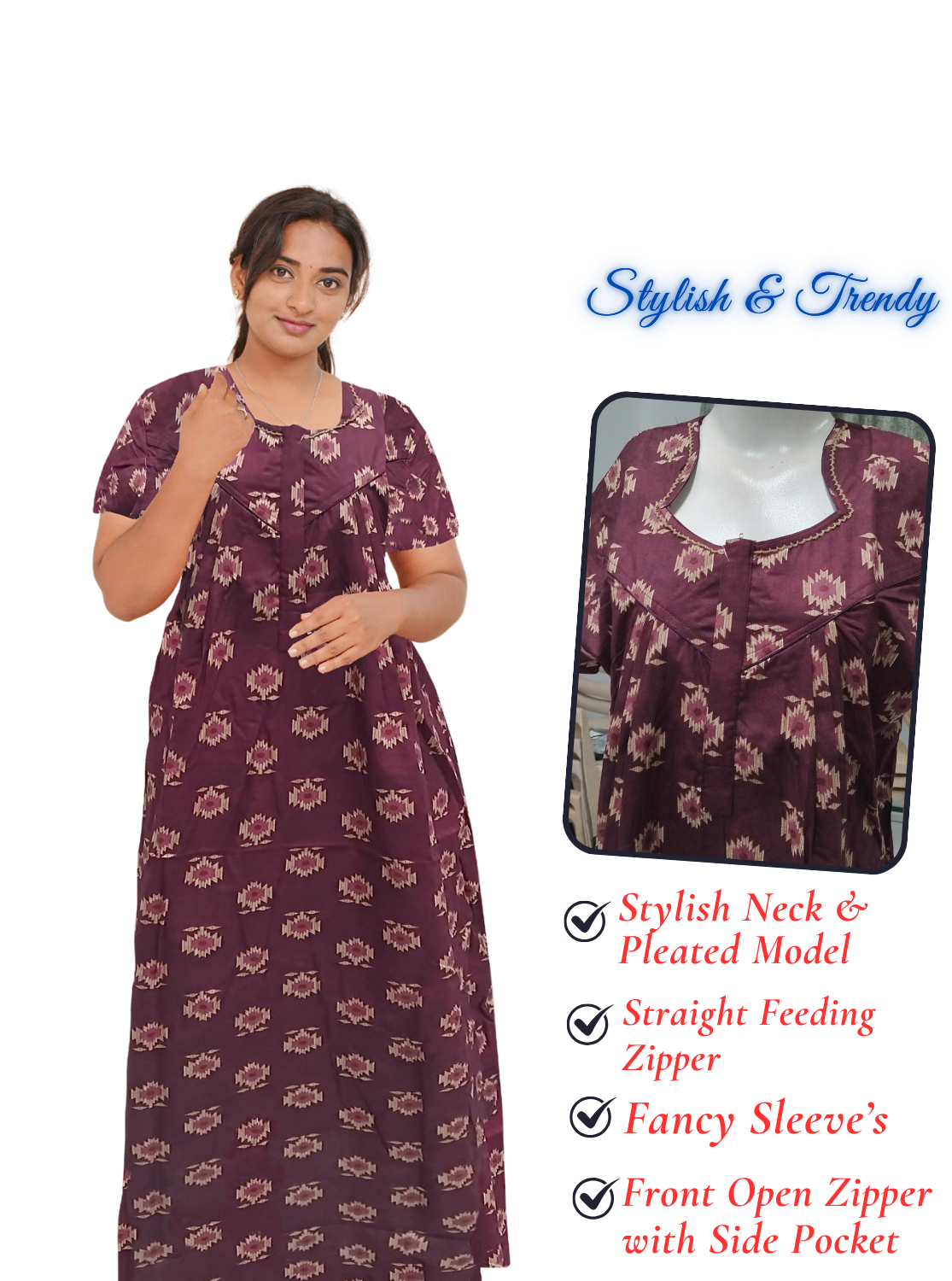 MANGAI Cotton Straight Zip Feeding Nighty |Post Pregnancy | Comfort and Style | Pleated Model | Soft Cotton Feeding Nighties (STF)