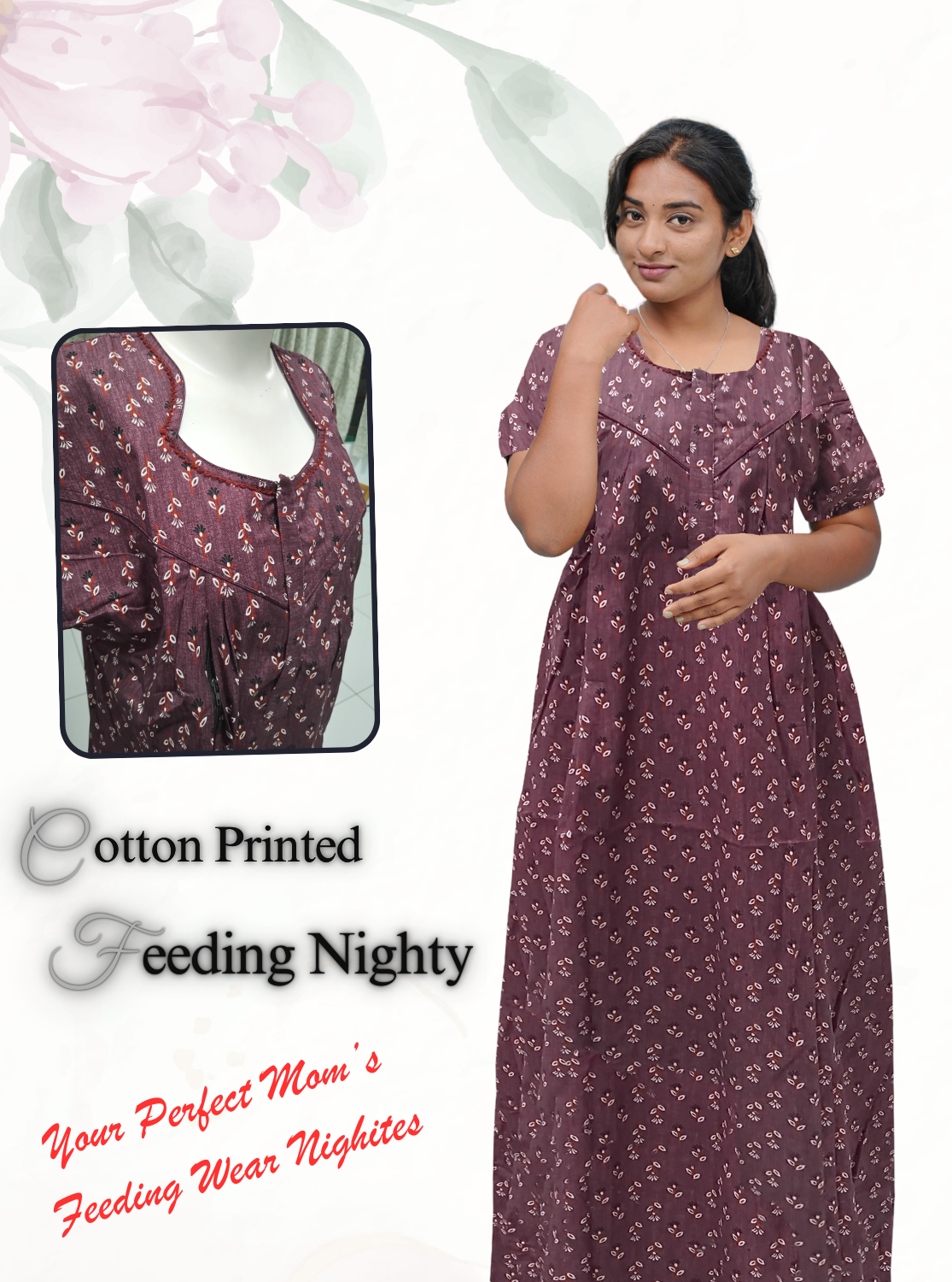 MANGAI Cotton Straight Zip Feeding Nighty |Post Pregnancy | Comfort and Style | Pleated Model | Soft Cotton Feeding Nighties (STF)