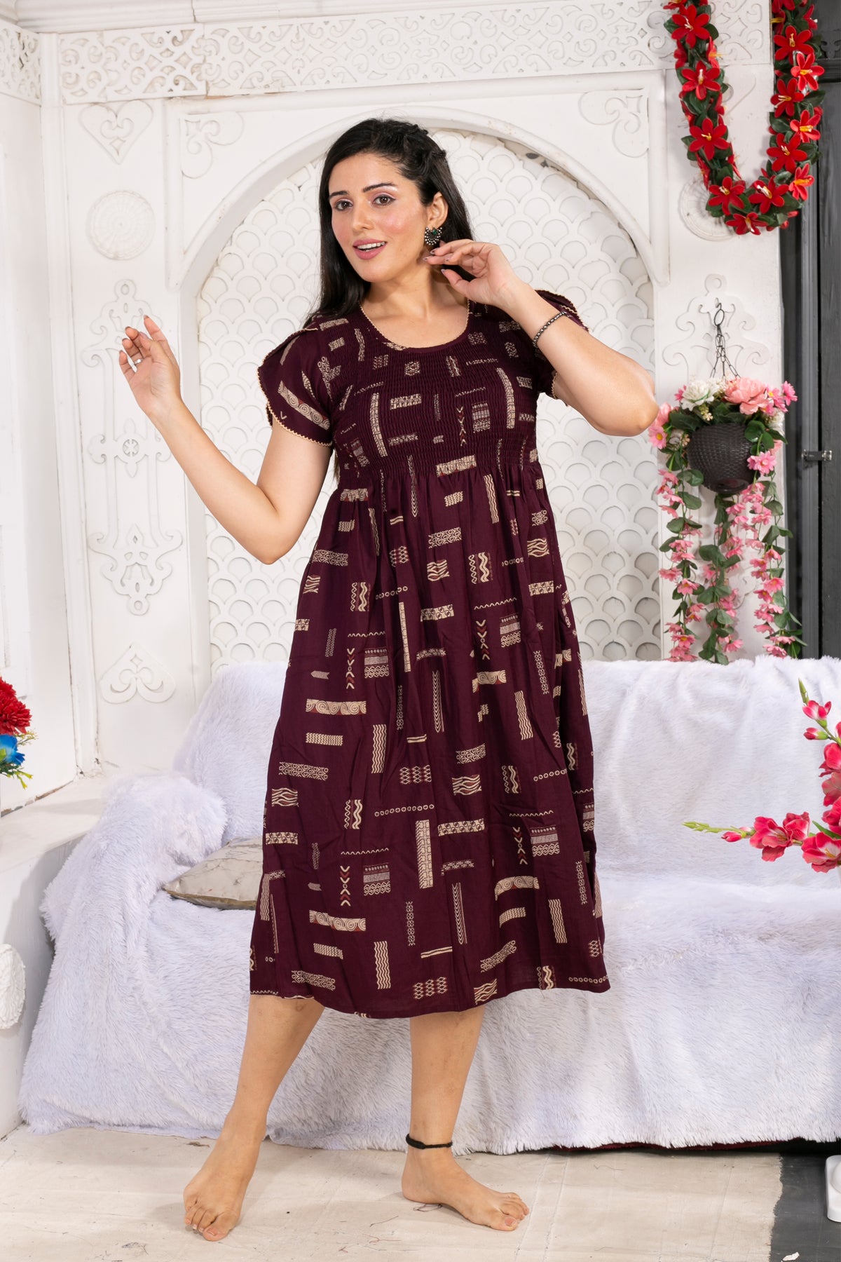 Alpine Smocking Maxi Frock Model Nightgown for Trendy Women's & Teenage Girl's | Stretchable Comfort to Body Fit | Side Pocket & Stylish Round Neck MAXI Gown for Women's Teenage Girl's (ASM)