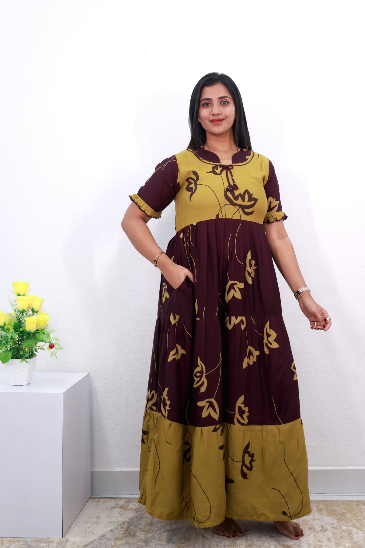 Mangai 3 Layer Reversible Design Frock Model Nighties Soft and Smooth Premium Quality Rayon Material , Fancy Frilled Sleeve, Side Pocket , Back tie Rope , Stylish Collection's for Trendy Women's (MRK)