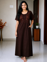 ALPINE Women’s Soft Cotton Embroidered Nighty – Purple Full Length Comfort Fit Night Dress with Side Pocket & Round Neck (HCC)