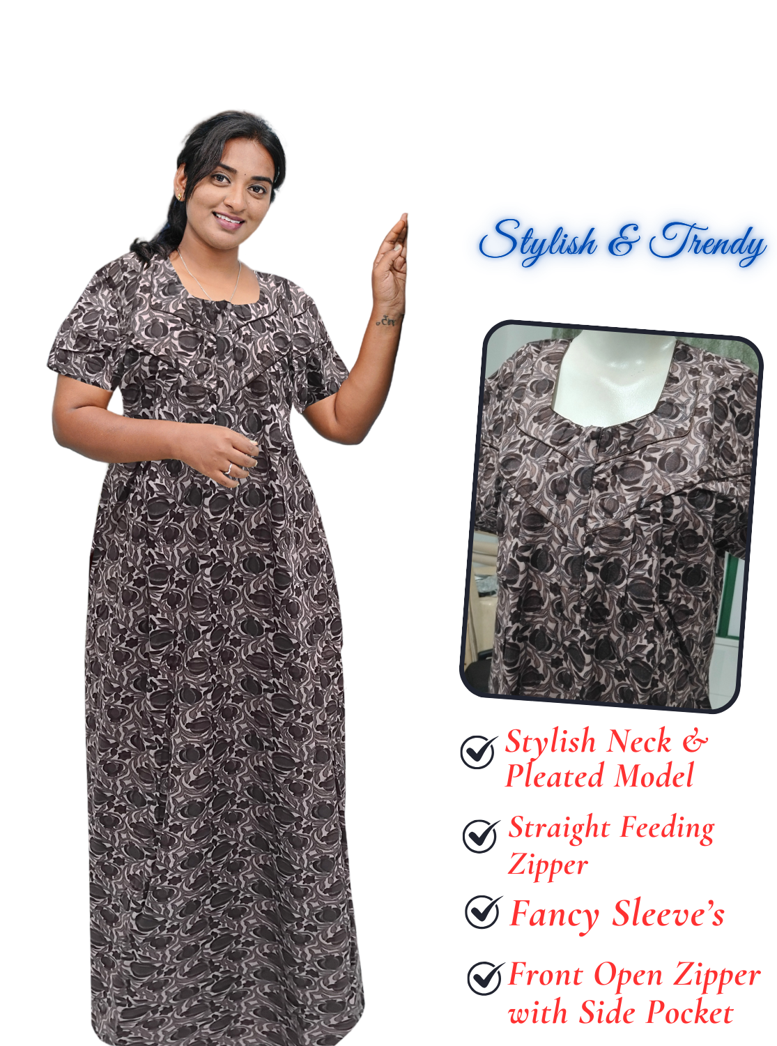 MANGAI Cotton Straight Zip Feeding Nighty |Post Pregnancy | Comfort and Style | Pleated Model | Soft Cotton Feeding Nighties (STF)