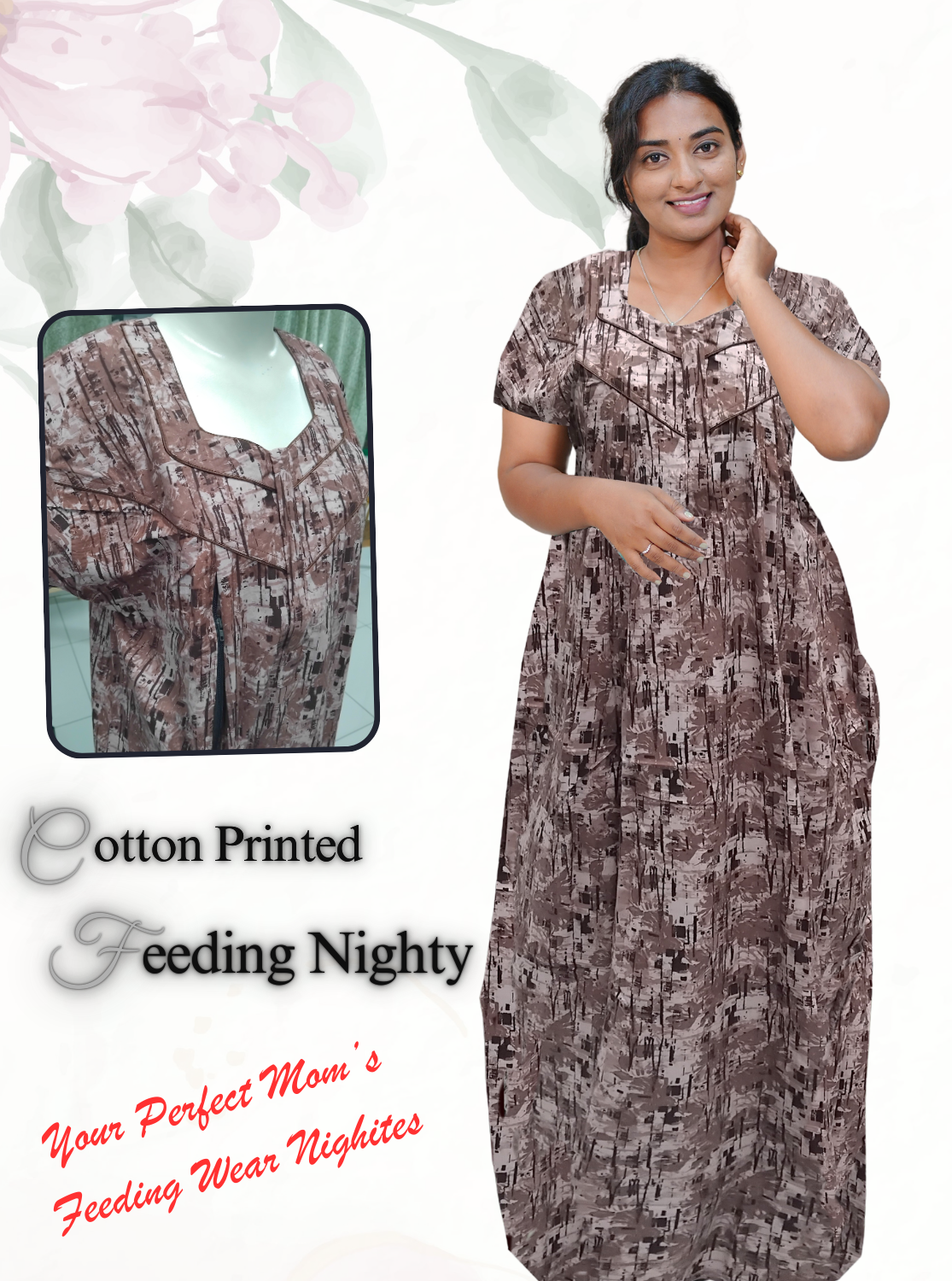 MANGAI Cotton Straight Zip Feeding Nighty |Post Pregnancy | Comfort and Style | Pleated Model | Soft Cotton Feeding Nighties (STF)