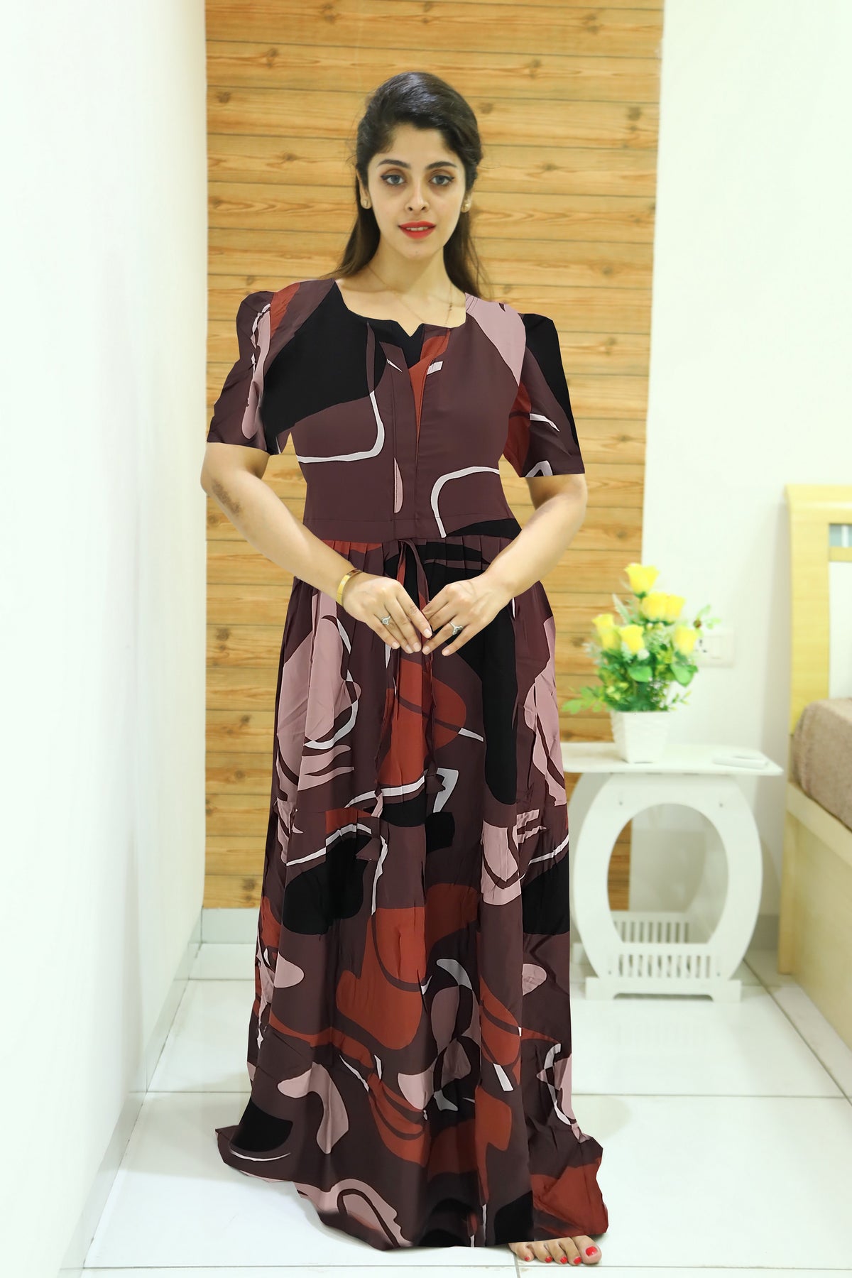 MANGAI Stylish Arrivals Rayon Gathering Frock Model Night Gown's | Adjustable Rope | Front and Back Frock Style | Puff Sleeve | Trending Collection's for Stylish Women's (GFK)