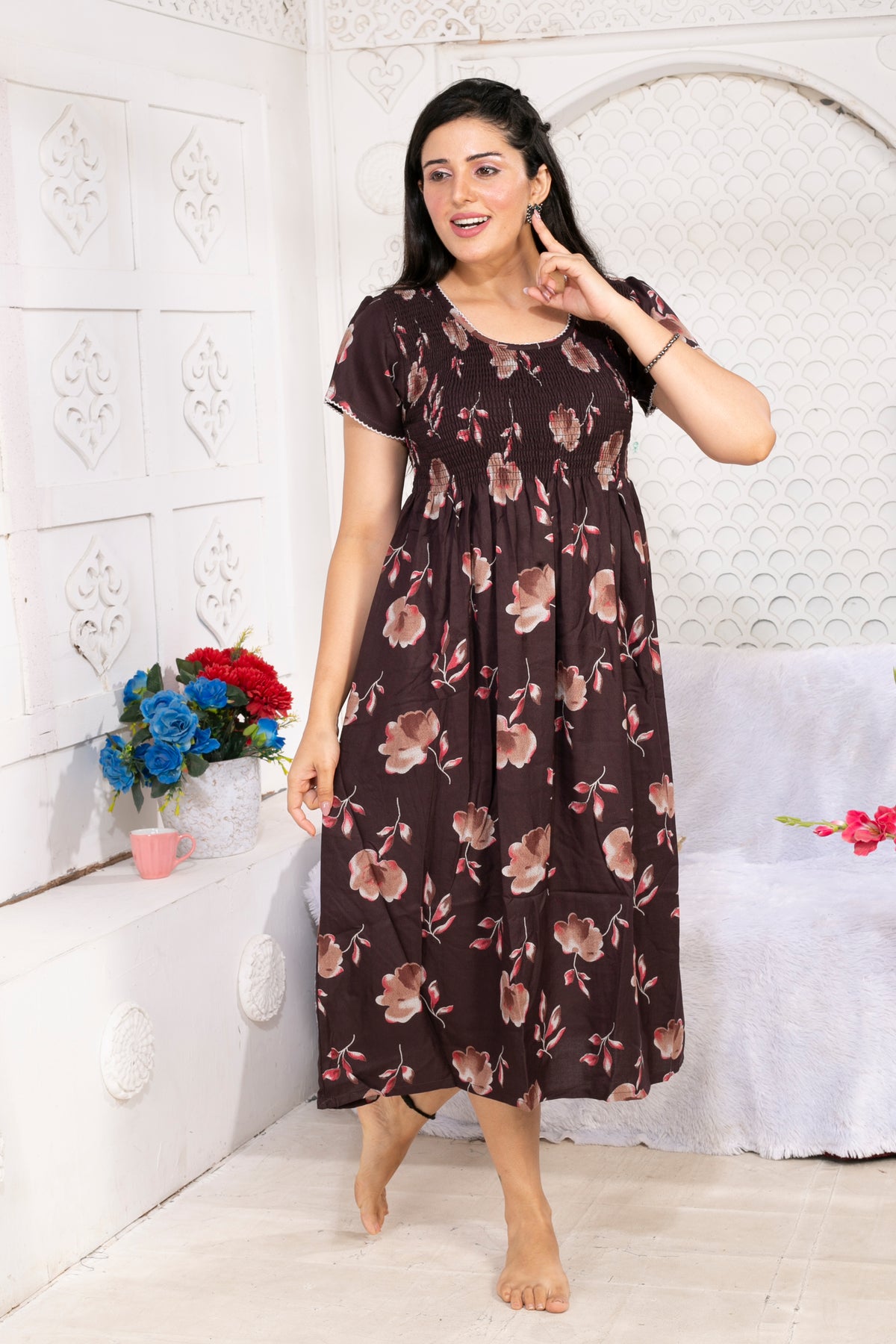 Alpine Smocking Maxi Frock Model Nightgown for Trendy Women's & Teenage Girl's | Stretchable Comfort to Body Fit | Side Pocket & Stylish Round Neck MAXI Gown for Women's Teenage Girl's (ASM)