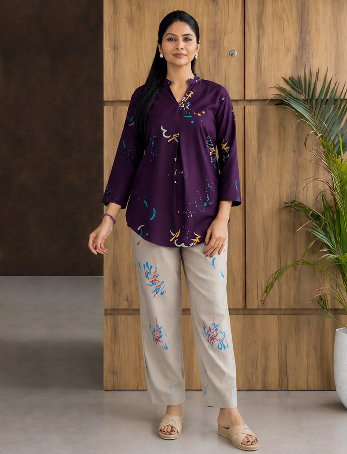 Brown Stylish Printed Co Ord Set with Pocket - Mangai Nighties