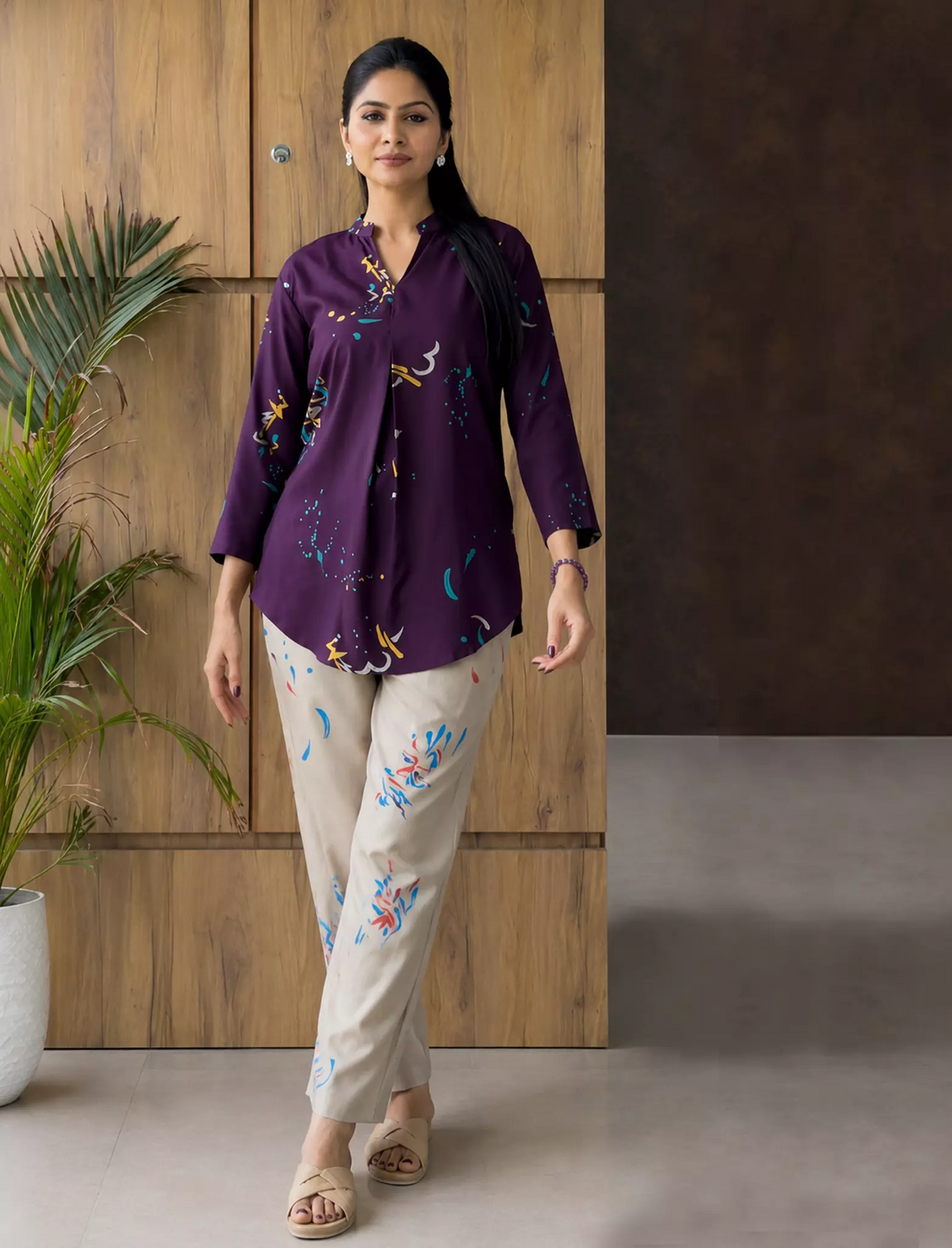 Brown Stylish Printed Co Ord Set with Pocket - Mangai Nighties