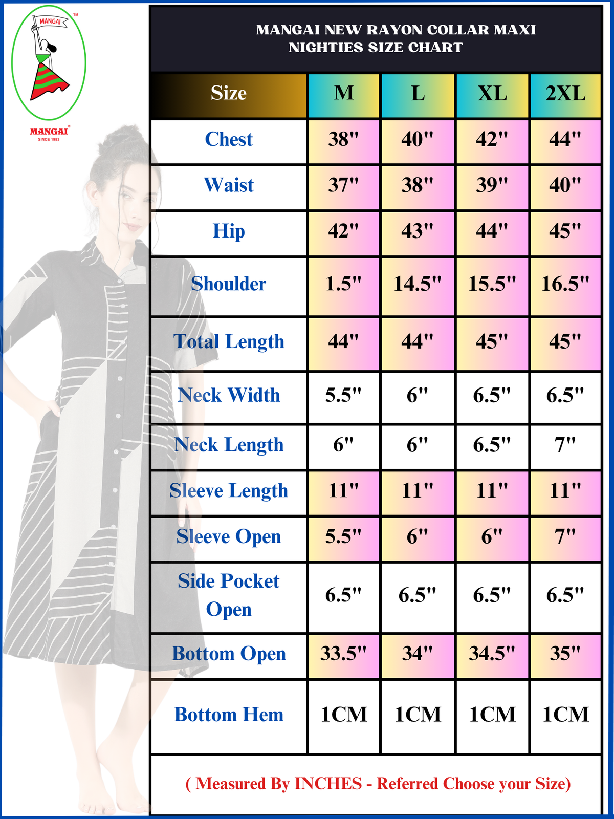 MANGAI Premium Rayon Collar MAXI Nighty for Women | Long Sleeve Stylish Nightwear for Women and Teenager | Perfect Stylish Nightwear (CM)