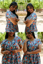 Azure Geometric Rayon Foil Maxi Frock – Double Layer Frill Sleeve Summer Dress with Adjustable Drawstring Waist & Pockets - Lightweight Breathable Fabric Stylish MAXI Frock