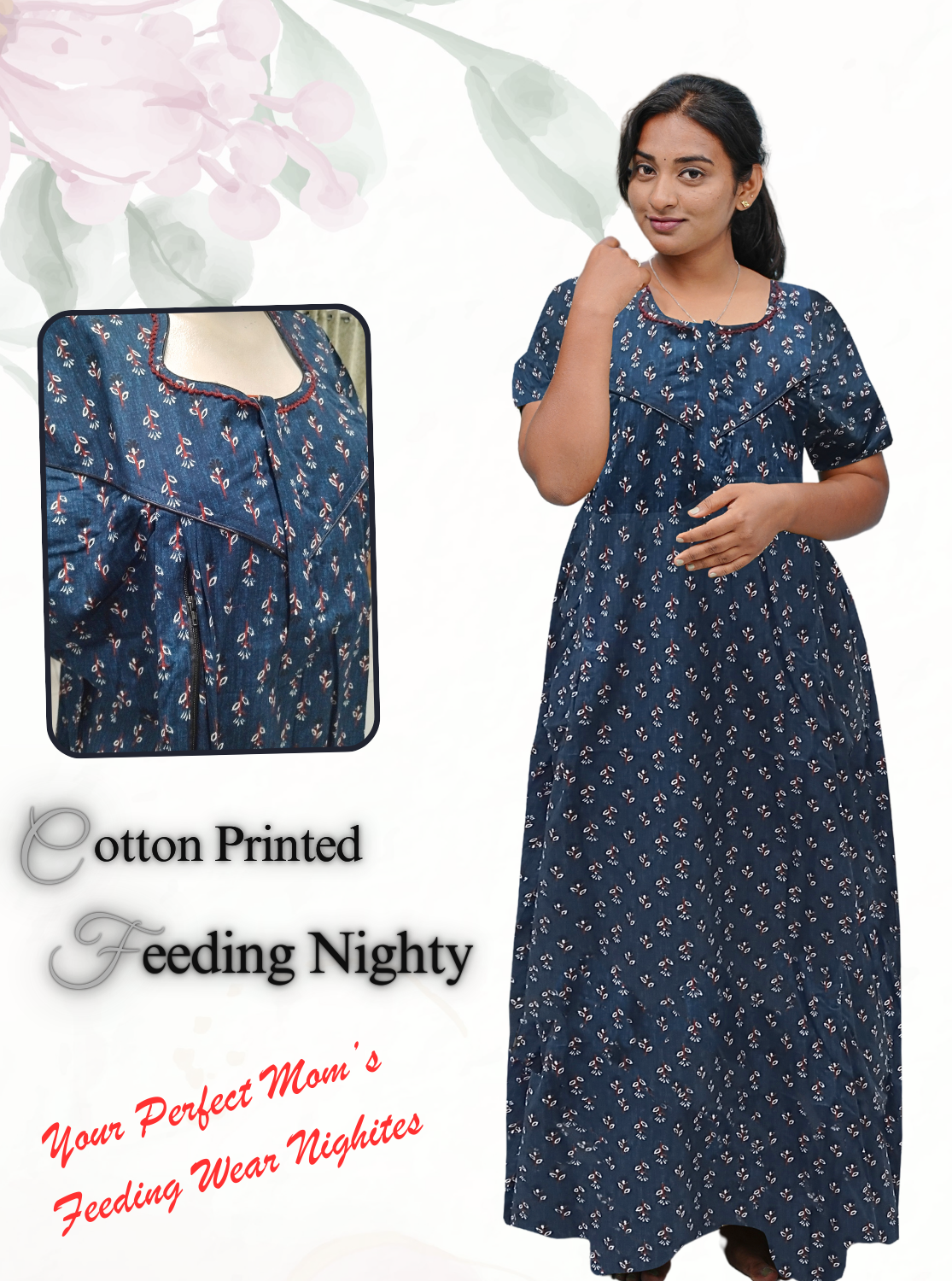 MANGAI Cotton Straight Zip Feeding Nighty |Post Pregnancy | Comfort and Style | Pleated Model | Soft Cotton Feeding Nighties (STF)