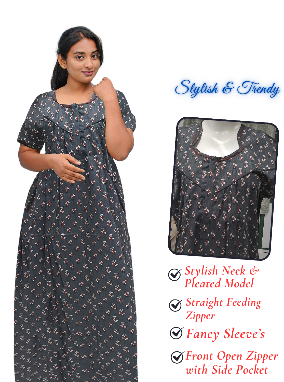 MANGAI Cotton Straight Zip Feeding Nighty |Post Pregnancy | Comfort and Style | Pleated Model | Soft Cotton Feeding Nighties (STF)