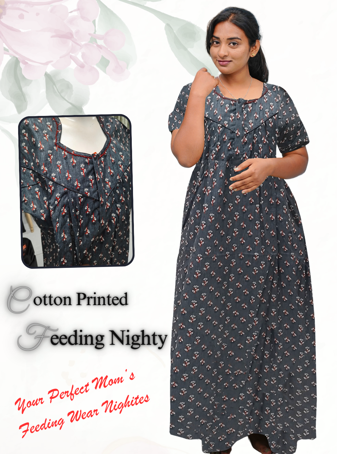 MANGAI Cotton Straight Zip Feeding Nighty |Post Pregnancy | Comfort and Style | Pleated Model | Soft Cotton Feeding Nighties (STF)