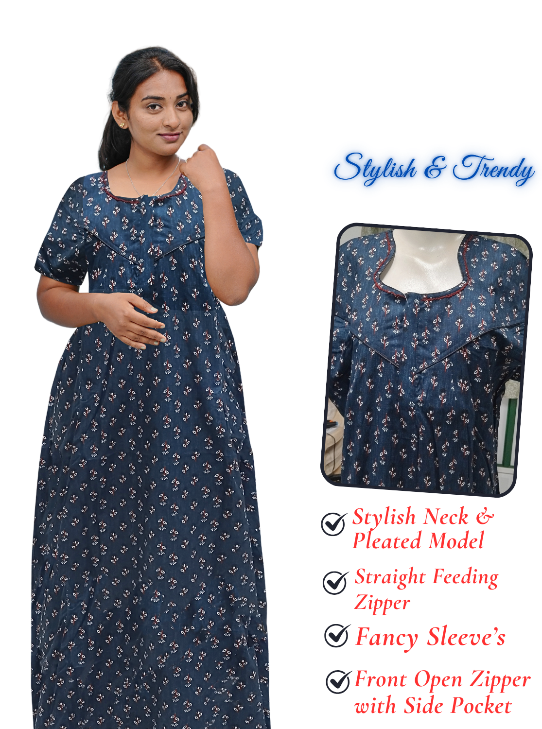 MANGAI Cotton Straight Zip Feeding Nighty |Post Pregnancy | Comfort and Style | Pleated Model | Soft Cotton Feeding Nighties (STF)