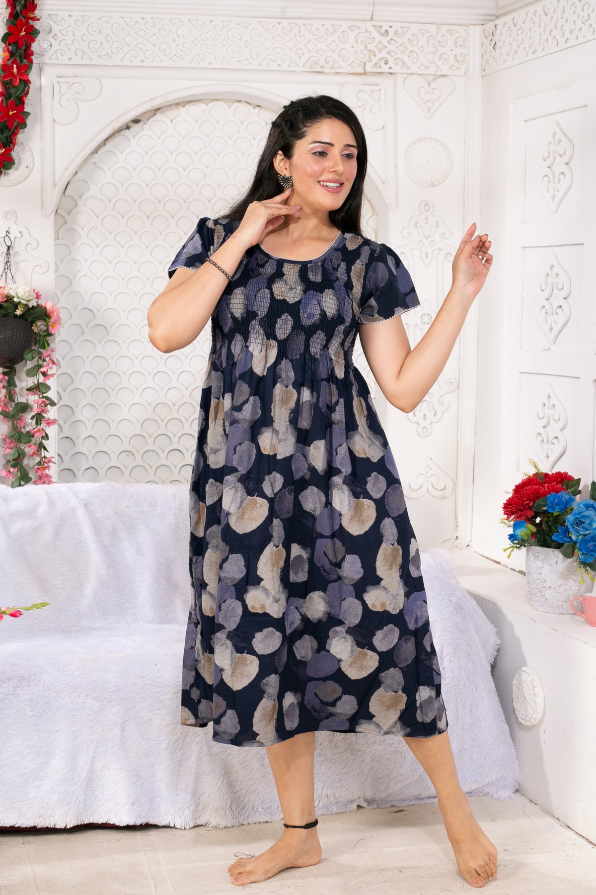Alpine Smocking Maxi Frock Model Nightgown for Trendy Women's & Teenage Girl's | Stretchable Comfort to Body Fit | Side Pocket & Stylish Round Neck MAXI Gown for Women's Teenage Girl's (ASM)