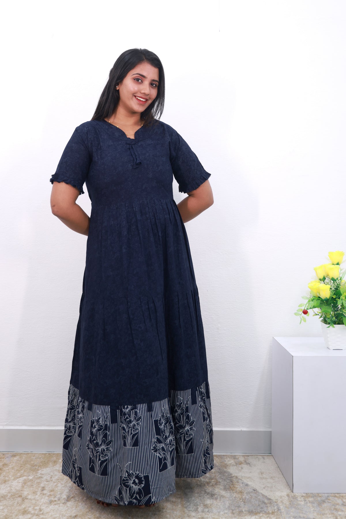Mangai 3 Layer Frock Model Nighties Soft and Smooth Premium Quality Rayon Material , Fancy Frilled Sleeve, Side Pocket , Back tie Rope , Stylish Collection's for Trendy Women's (MRK)