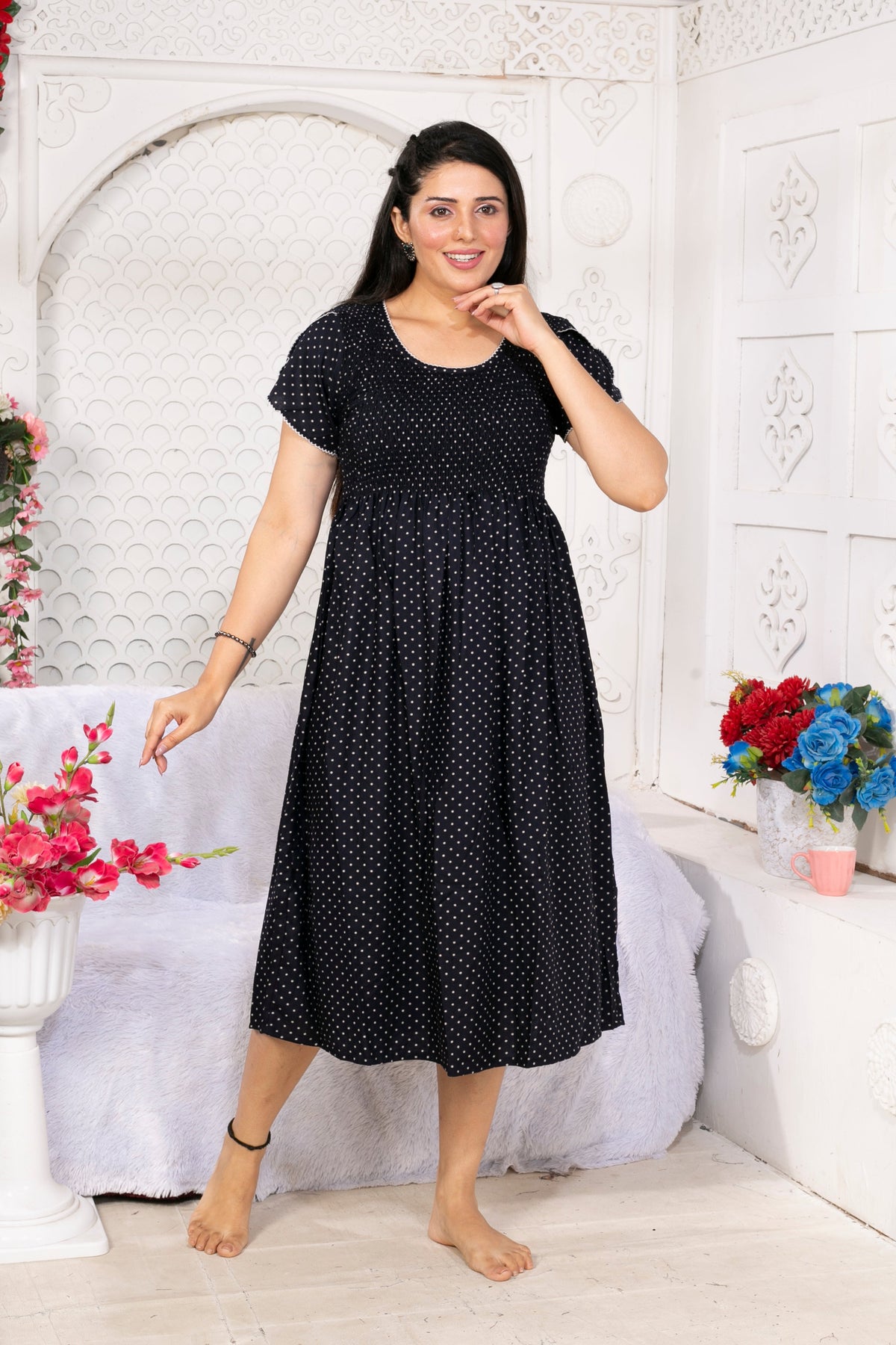 Alpine Smocking Maxi Frock Model Nightgown for Trendy Women's & Teenage Girl's | Stretchable Comfort to Body Fit | Side Pocket & Stylish Round Neck MAXI Gown for Women's Teenage Girl's (ASM)