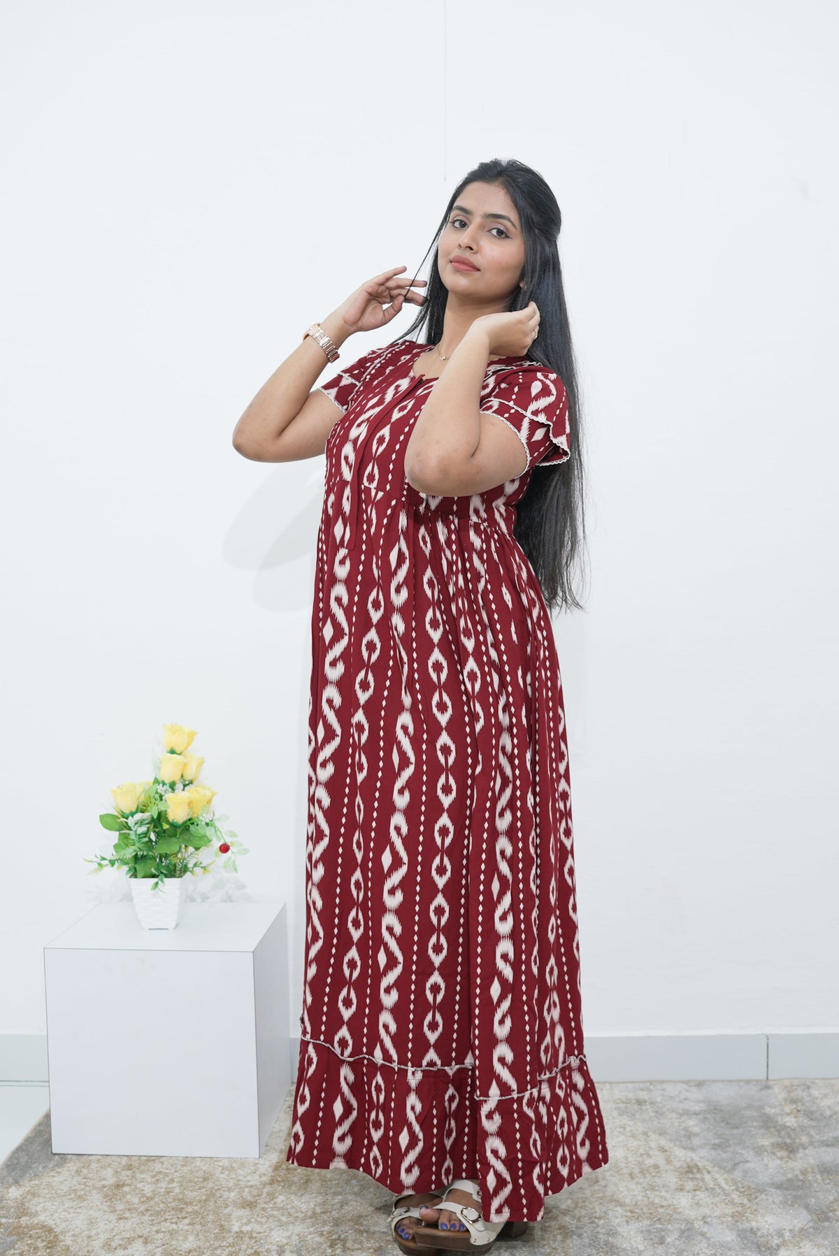 MANGAI Rayon Frock Nighties | Front Open Lengthy Zipper Comforts Feeding | Fancy Double Layered Sleeve's | Post & Pre Pregnancy's and Casual Wear | Side Pocket |Versatile Rayon Frock Night Gown's for Stylish Women's (RPW)