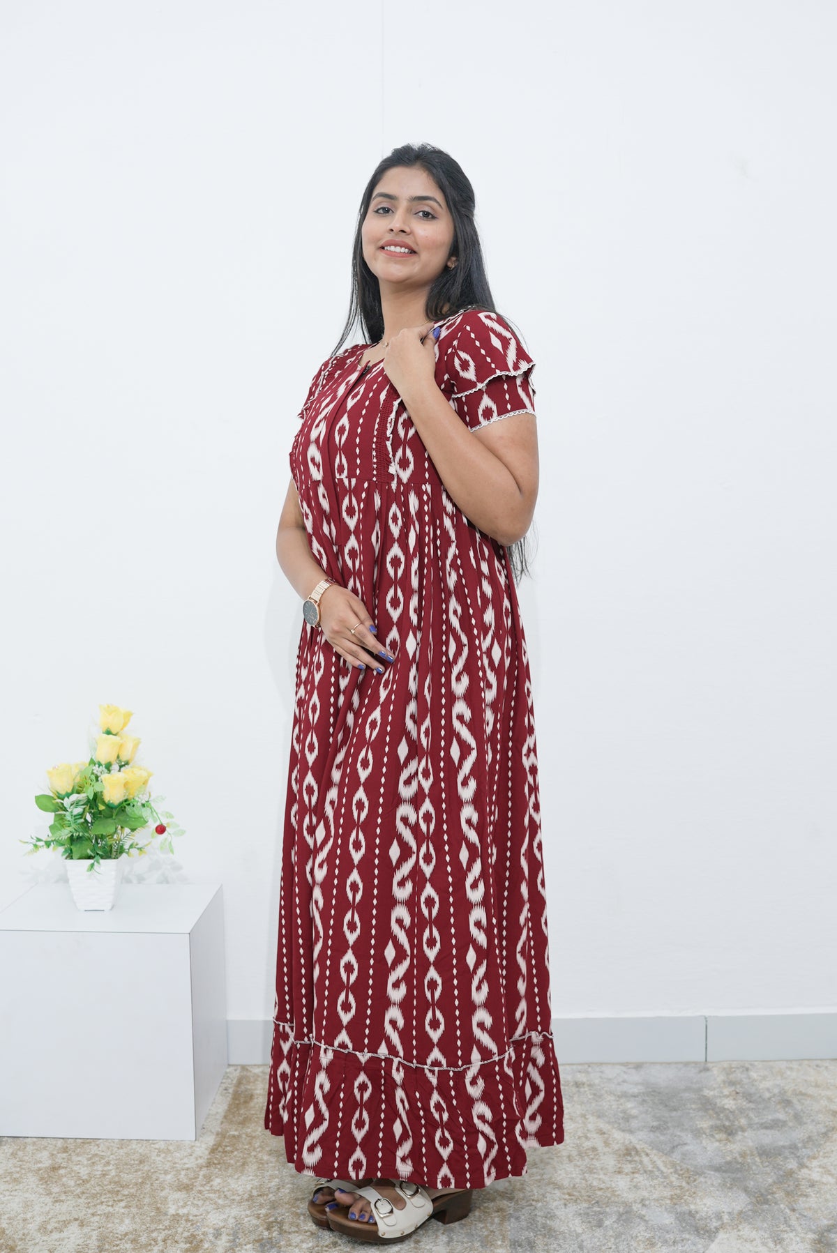 MANGAI Rayon Frock Nighties | Front Open Lengthy Zipper Comforts Feeding | Fancy Double Layered Sleeve's | Post & Pre Pregnancy's and Casual Wear | Side Pocket |Versatile Rayon Frock Night Gown's for Stylish Women's (RPW)