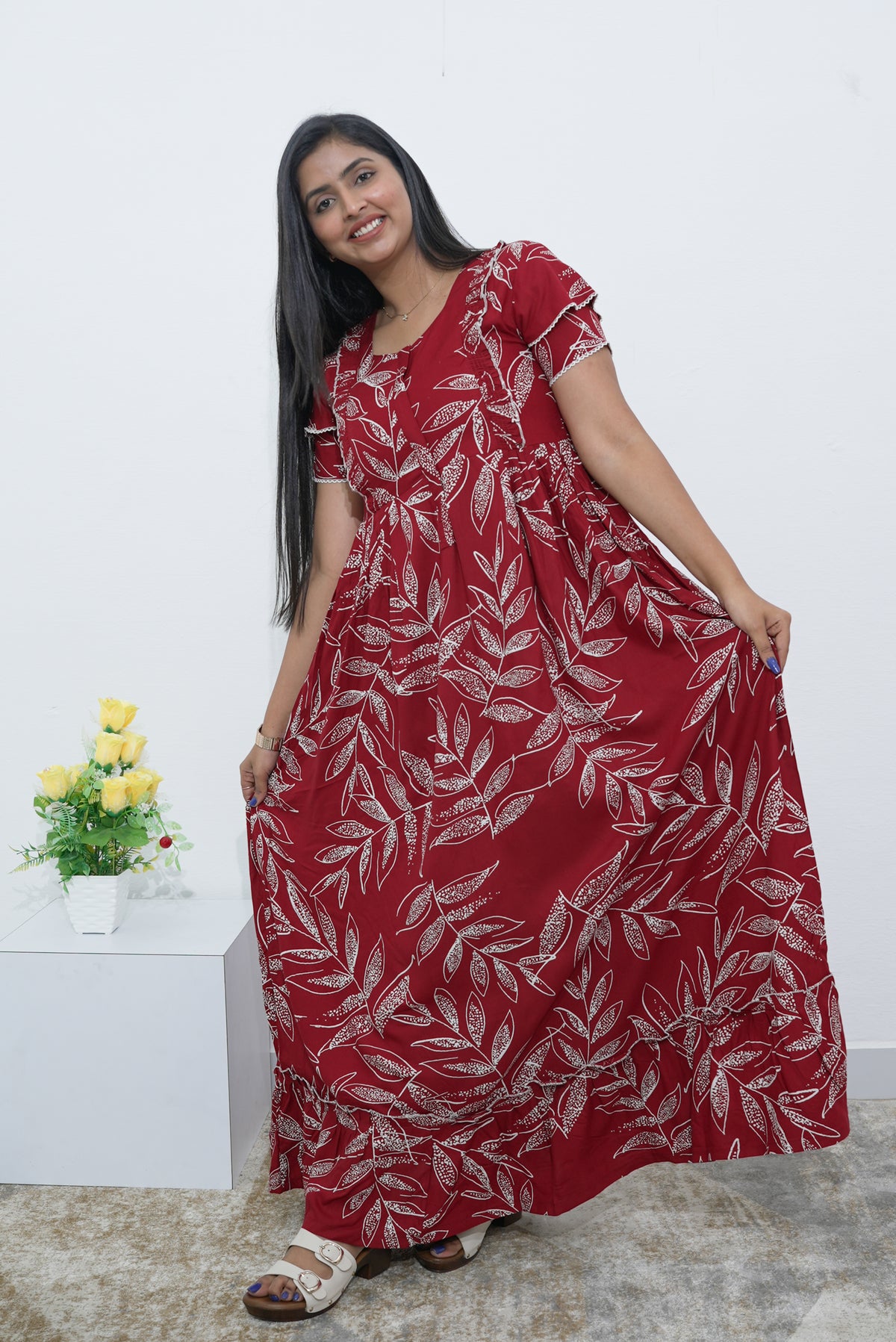 MANGAI Rayon Frock Nighties | Front Open Lengthy Zipper Comforts Feeding | Fancy Double Layered Sleeve's | Post & Pre Pregnancy's and Casual Wear | Side Pocket |Versatile Rayon Frock Night Gown's for Stylish Women's (RPW)
