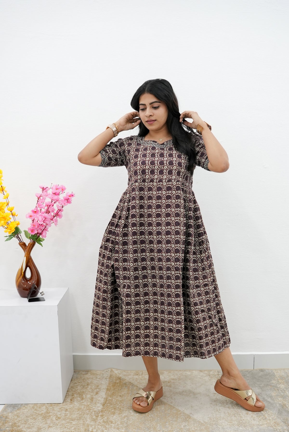 New Mangai Cotton Feeding MAXI Soft & Smooth Cotton | Invisible Vertical Feeding Zipper | Side Pockets | Back Adjustable Tie Rope |Casual & Maternity Wear (JFM)