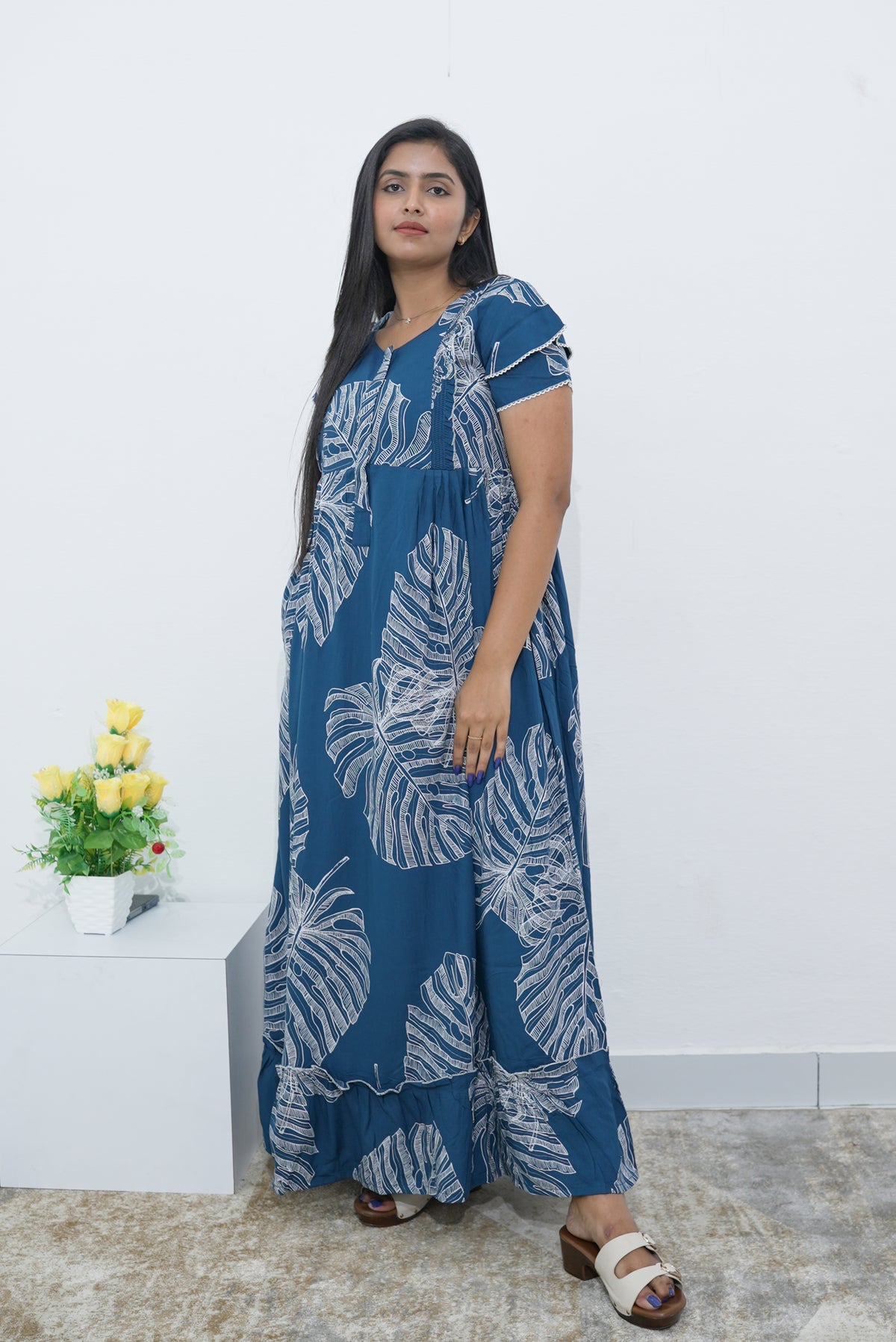 MANGAI Rayon Frock Nighties | Front Open Lengthy Zipper Comforts Feeding | Fancy Double Layered Sleeve's | Post & Pre Pregnancy's and Casual Wear | Side Pocket |Versatile Rayon Frock Night Gown's for Stylish Women's (RPW)