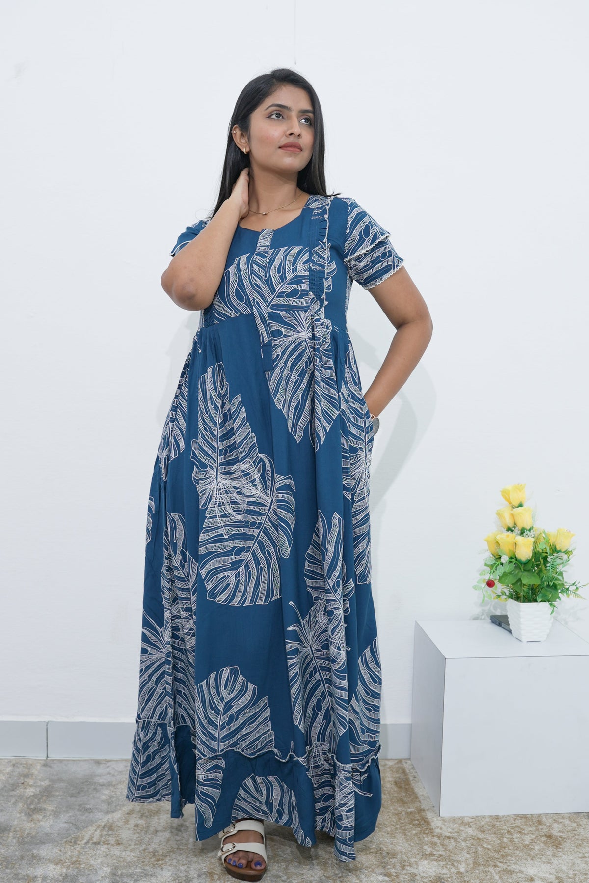 MANGAI Rayon Frock Nighties | Front Open Lengthy Zipper Comforts Feeding | Fancy Double Layered Sleeve's | Post & Pre Pregnancy's and Casual Wear | Side Pocket |Versatile Rayon Frock Night Gown's for Stylish Women's (RPW)