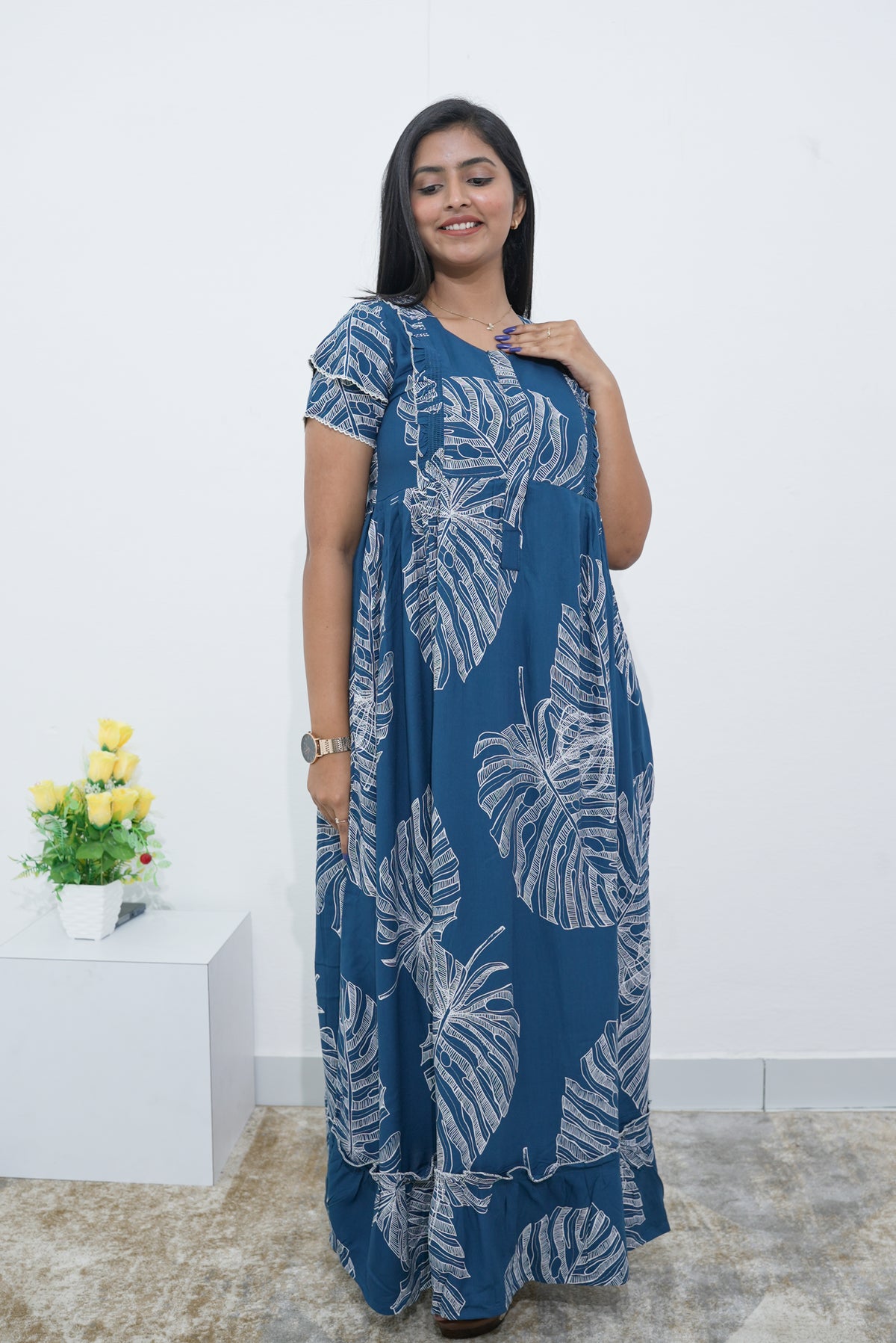 MANGAI Rayon Frock Nighties | Front Open Lengthy Zipper Comforts Feeding | Fancy Double Layered Sleeve's | Post & Pre Pregnancy's and Casual Wear | Side Pocket |Versatile Rayon Frock Night Gown's for Stylish Women's (RPW)
