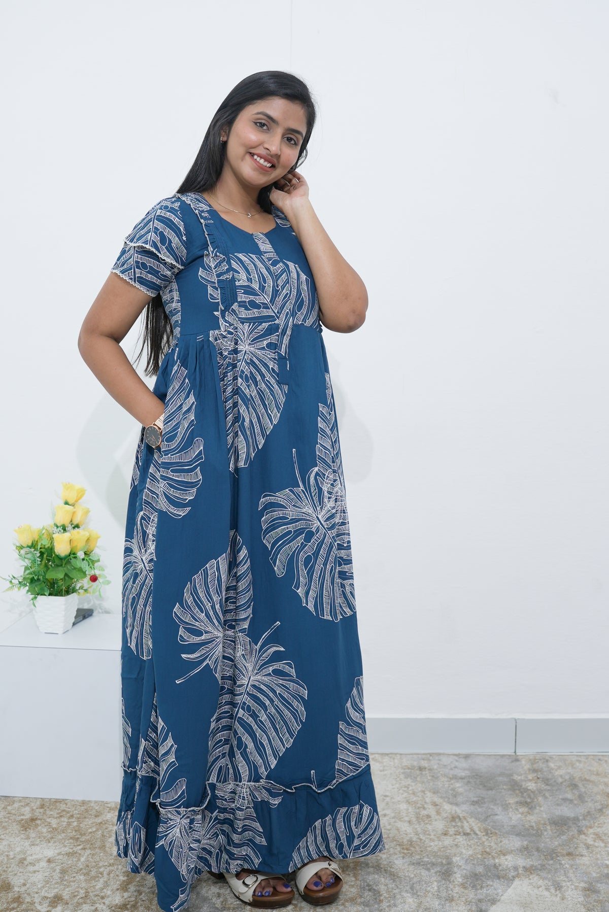 MANGAI Rayon Frock Nighties | Front Open Lengthy Zipper Comforts Feeding | Fancy Double Layered Sleeve's | Post & Pre Pregnancy's and Casual Wear | Side Pocket |Versatile Rayon Frock Night Gown's for Stylish Women's (RPW)