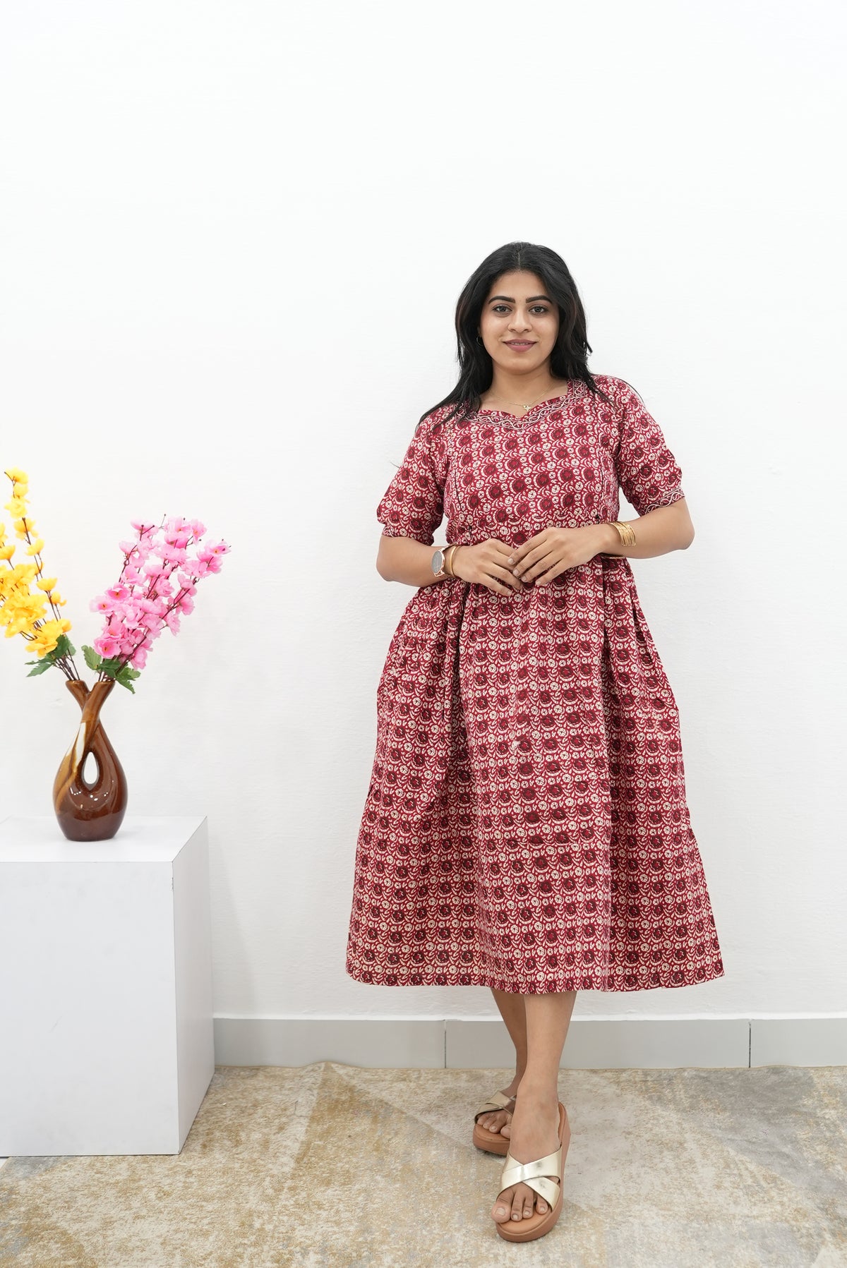 New Mangai Cotton Feeding MAXI Soft & Smooth Cotton | Invisible Vertical Feeding Zipper | Side Pockets | Back Adjustable Tie Rope |Casual & Maternity Wear (JFM)