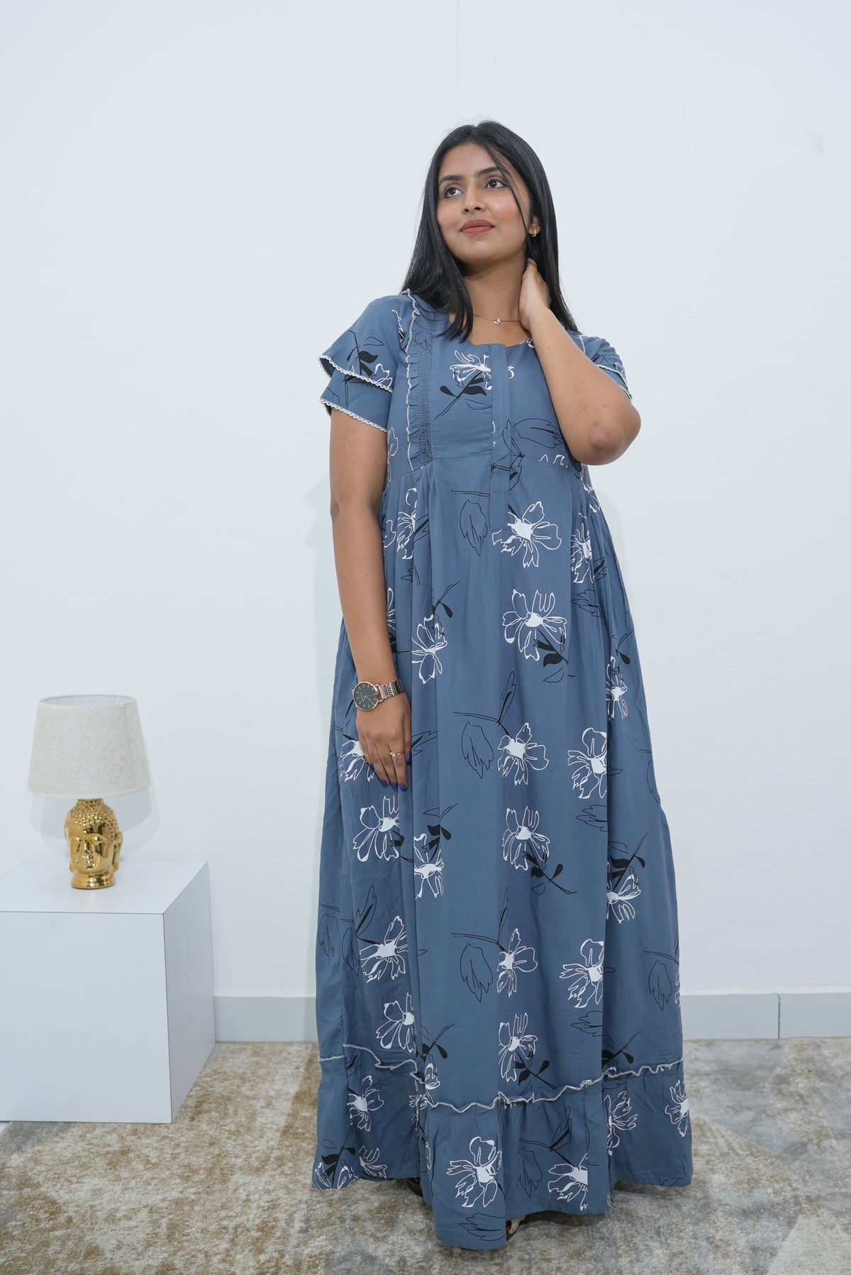 MANGAI Rayon Frock Nighties | Front Open Lengthy Zipper Comforts Feeding | Fancy Double Layered Sleeve's | Post & Pre Pregnancy's and Casual Wear | Side Pocket |Versatile Rayon Frock Night Gown's for Stylish Women's (RPW)