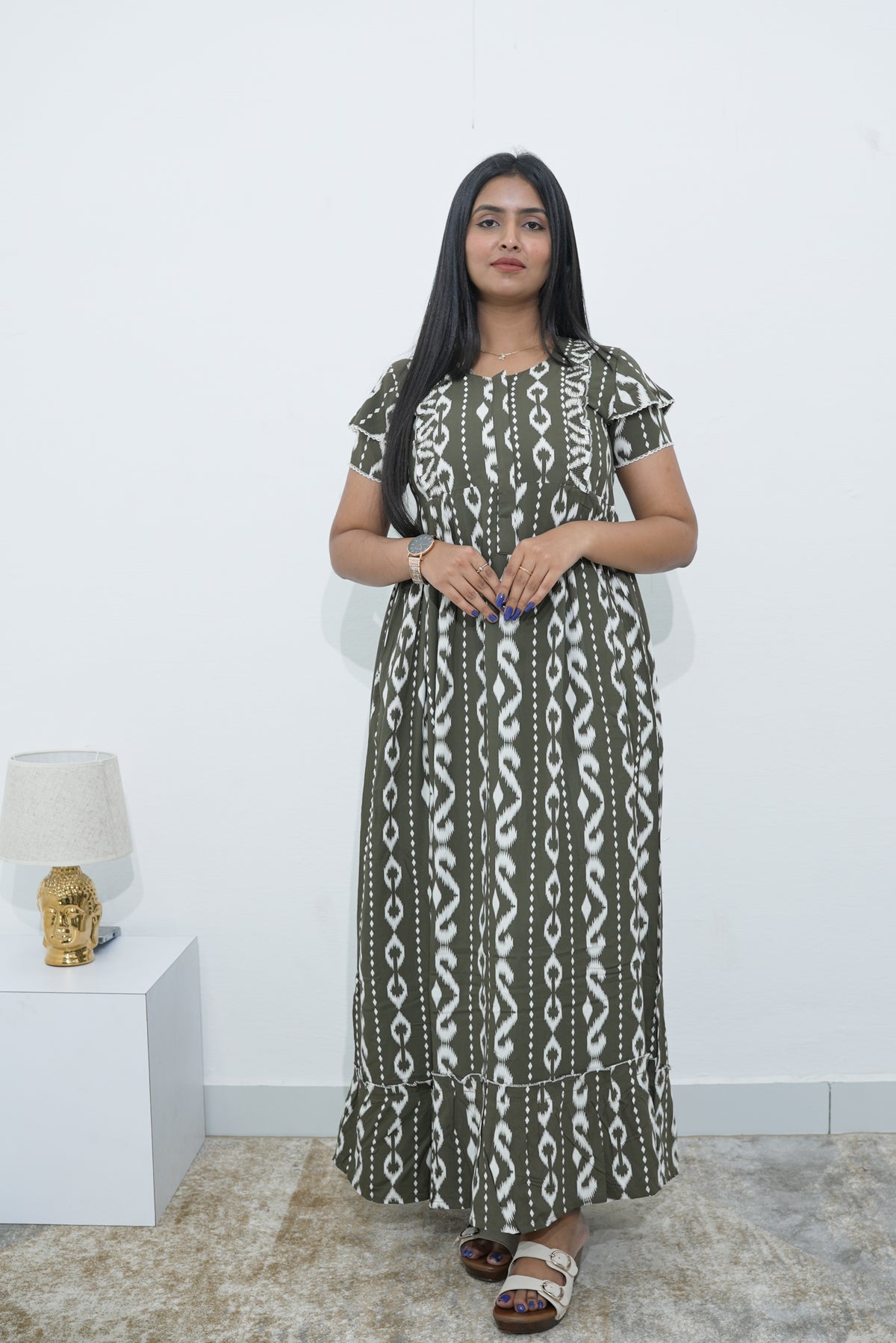 MANGAI Rayon Frock Nighties | Front Open Lengthy Zipper Comforts Feeding | Fancy Double Layered Sleeve's | Post & Pre Pregnancy's and Casual Wear | Side Pocket |Versatile Rayon Frock Night Gown's for Stylish Women's (RPW)