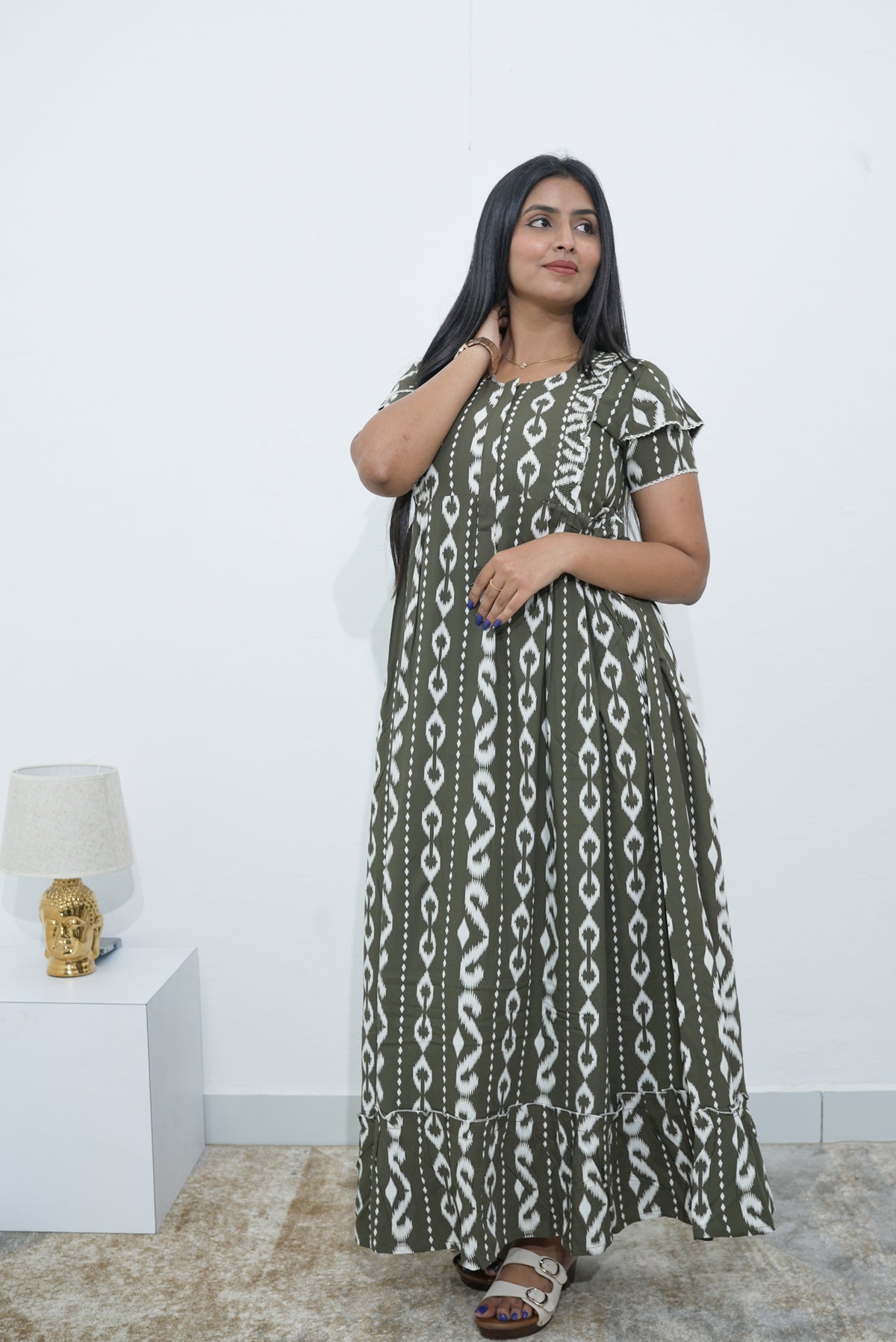 MANGAI Rayon Frock Nighties | Front Open Lengthy Zipper Comforts Feeding | Fancy Double Layered Sleeve's | Post & Pre Pregnancy's and Casual Wear | Side Pocket |Versatile Rayon Frock Night Gown's for Stylish Women's (RPW)